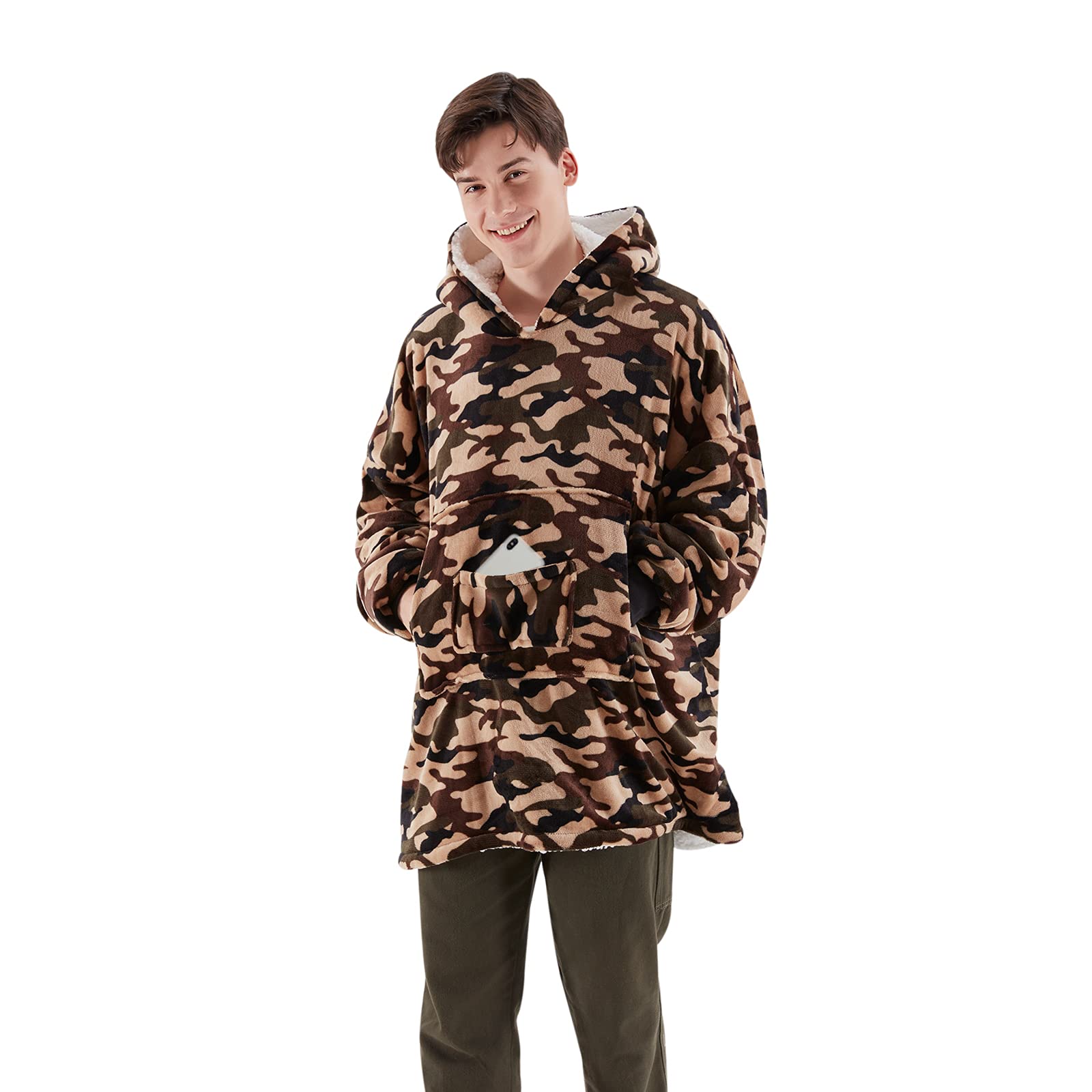 OCTROT Wearable Blanket Hoodie, Fuzzy Soft Sherpa Oversized Blanket Sweatshirts for Women Men, Large Warm Cozy Plush Fleece Hooded Blankets Sweater with Giant Front Pocket for Adults Teens(Camo)