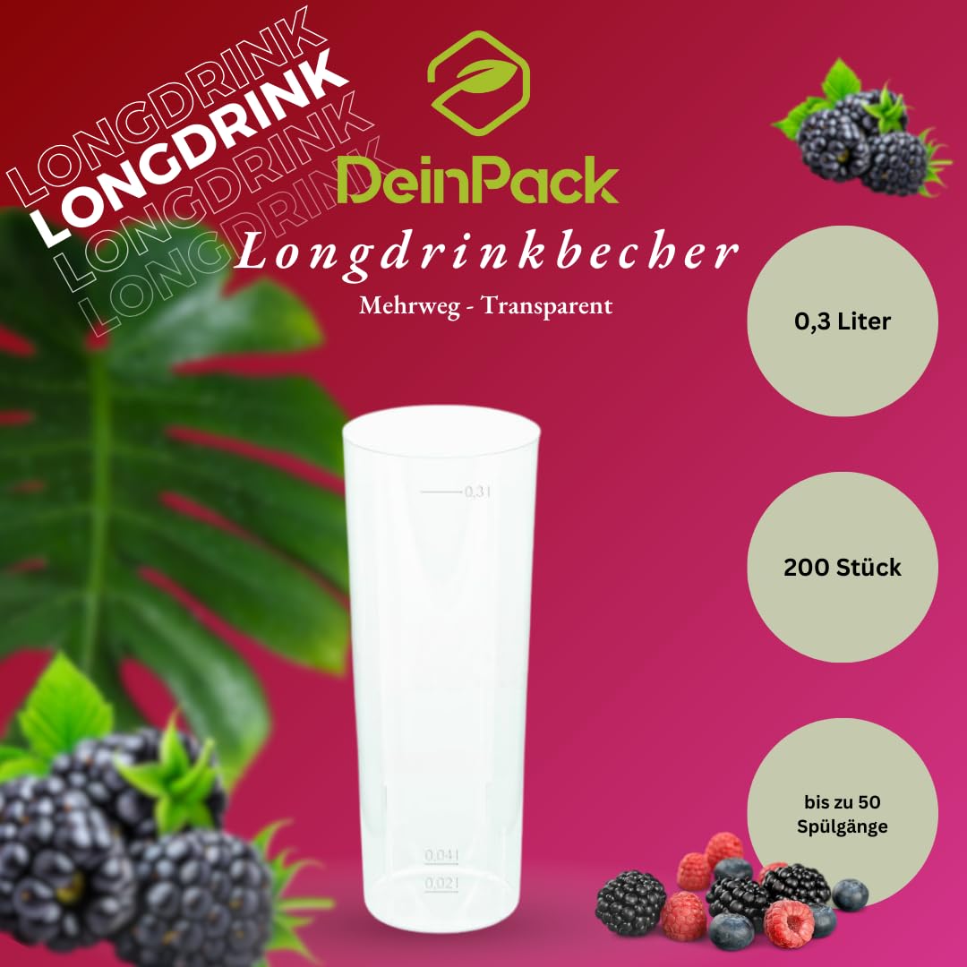 200 Longdrinkbecher | Mehrwegbecher 300ml Made in Germany | Getränkebecher mit Eichstrich | wiederverwendbar | Transparent aus PP | Trinkbecher 0,3l | Bierbecher | Partybecher