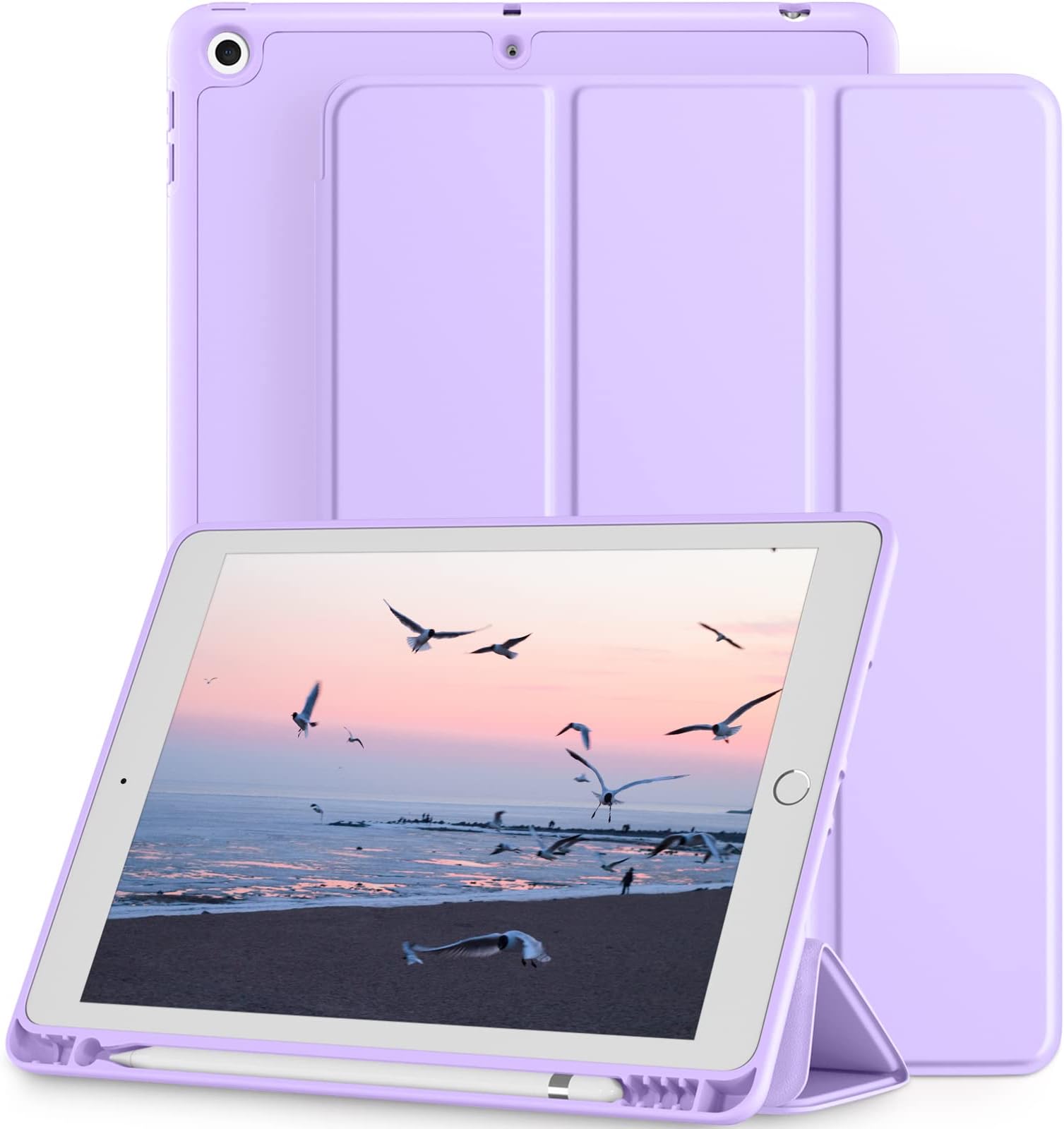 Mastten Compatible with iPad 9th/8th/7th Generation Case, for iPad 10.2 Inch Case with Pencil Holder, TPU Smart Stand Back Cover 2021/2020/2019, Auto Wake/Sleep, Lavender