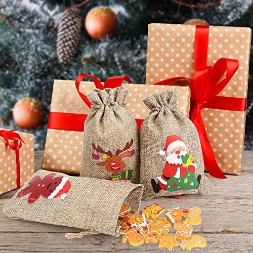 VEYLIN Christmas Hessian Bags, 12 Xmas Burlap Jute Gift Bag with Drawstring for Holiday Party Decoration