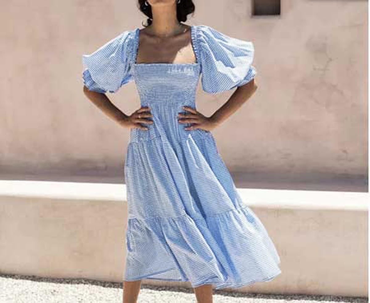 R.Vivimos Estate delle Donne Boho Manica Lunga Cravatta Vita Quadrata Collare Abito Midi con Volant Elegante Vestito Casual per Le Vacanze
