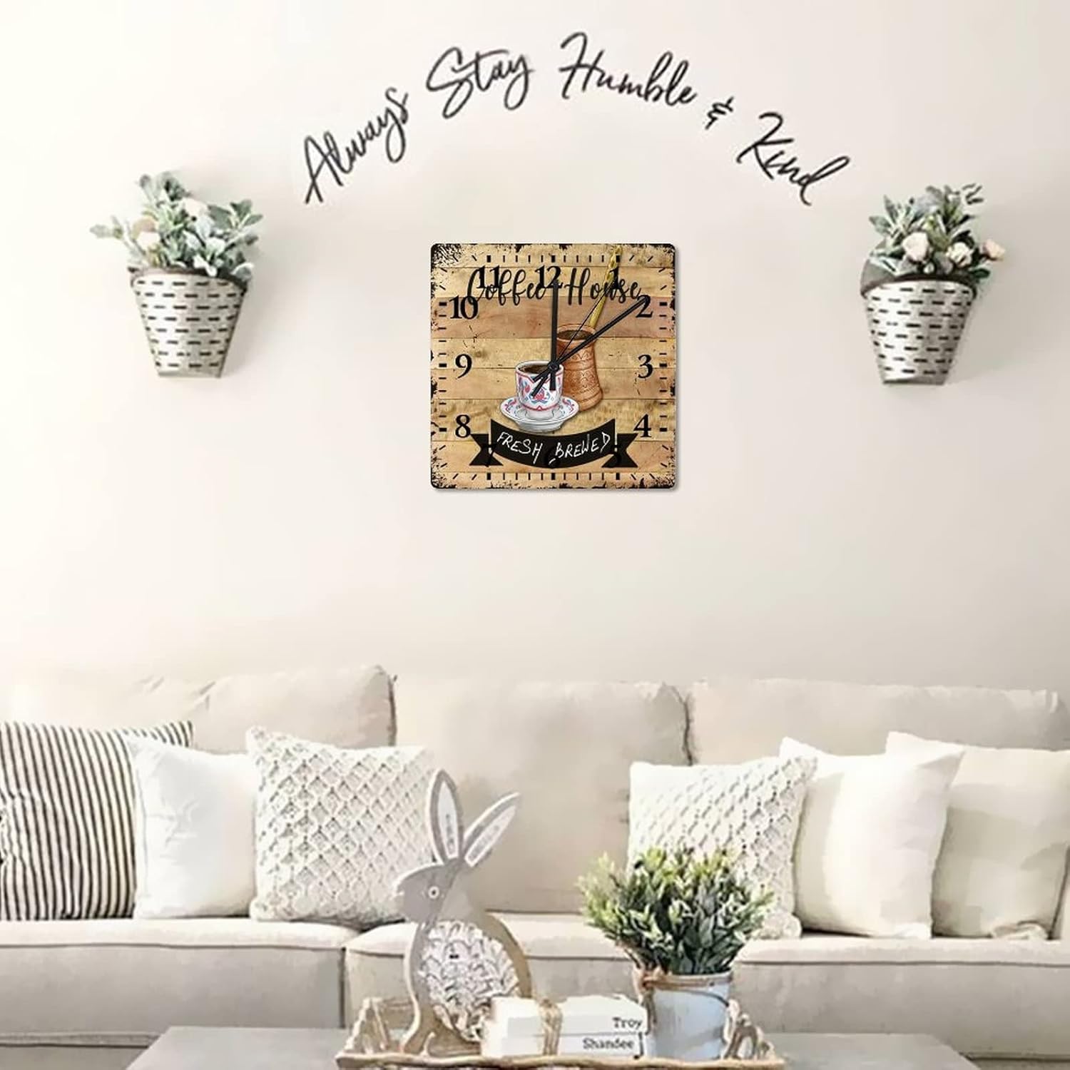 Wooden Clocks Coffee House Indoor Wall Clocks Battery Operated Silent Arabic Numbers Vintage Coffee Square Clock for Dining Room Decor 10 Inch