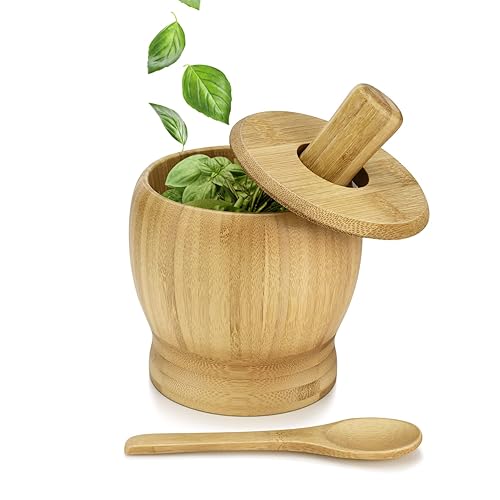 Flexzion Juego de mortero y maja de madera de 5 pulgadas, juego de tazón y molinillo de bambú de 5 pulgadas, molcajete de madera con tapa y cuchara