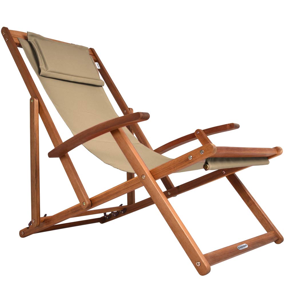 CASARIA® Tumbona Plegable Madera de Acacia Carga 160KG Silla Jardín Playa Transpirable Ajustable Beige