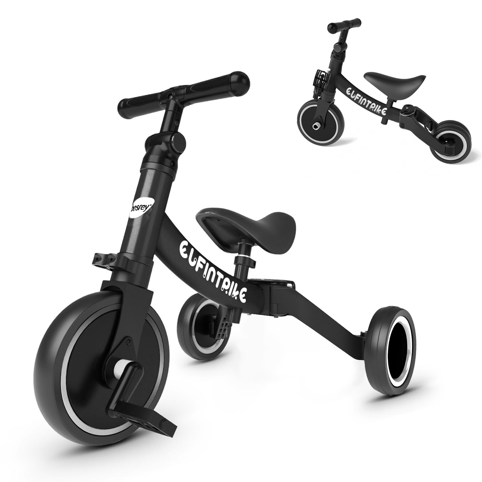 besrey 5 in 1 Toddler Bike for 10 Month to 4 Years Old Kids, Toddler Tricycle Kids Trikes Tricycle, Gift & Toys for Boy & Girl, Balance Training, Removable Pedals - Black