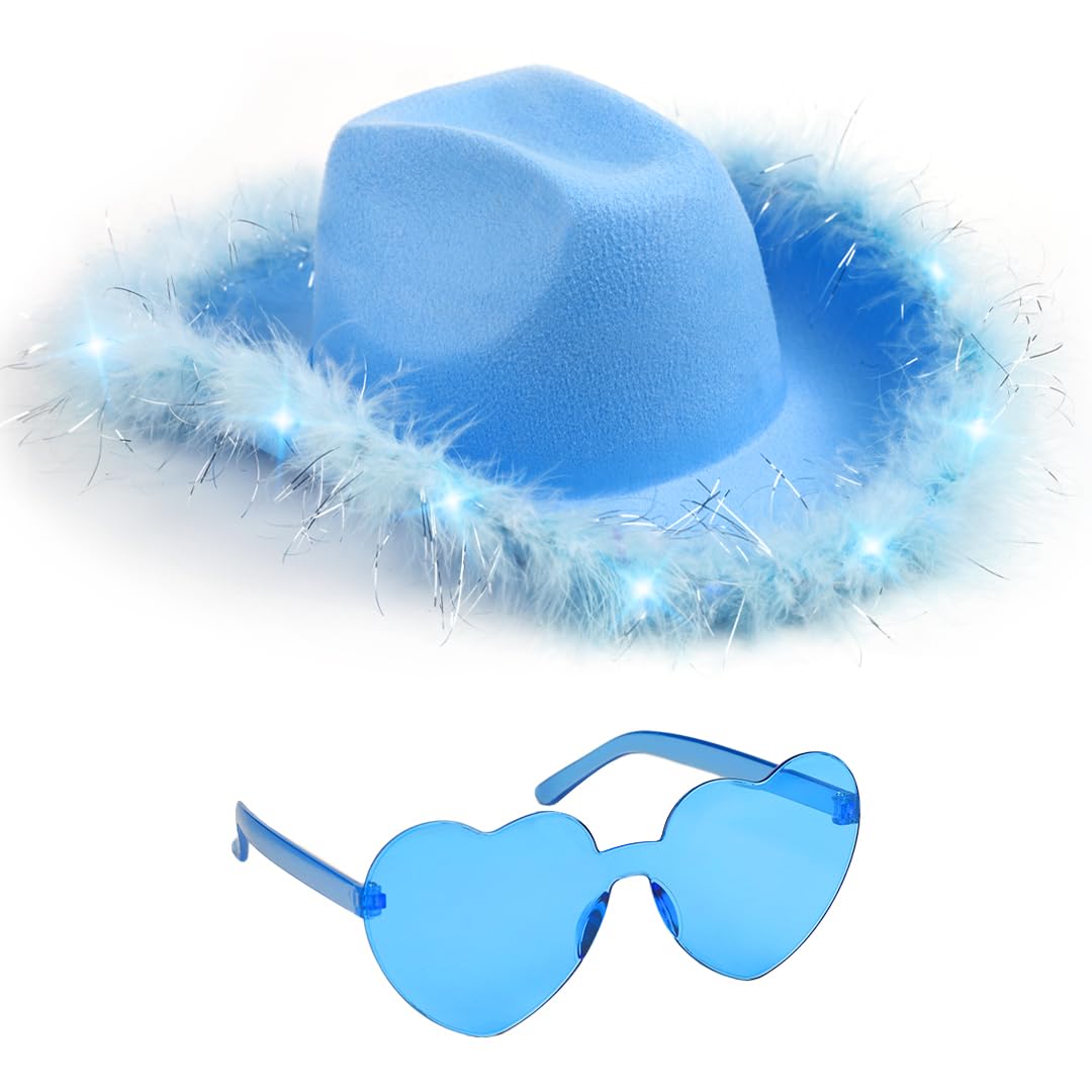 Funcredible Blue Cowboy Hat and Glasses - Light Up Cowgirl Hat for Girls - Cowboy Hats with Feathers - Halloween Hats for Women