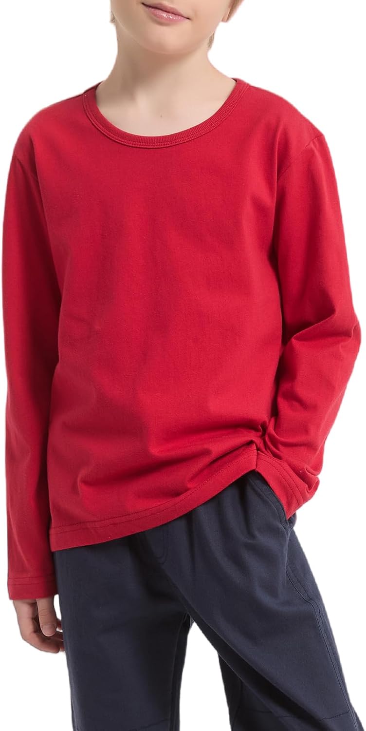 Cotton Boys Kids Tee Shirt Long Sleeve Crewneck Basic T-Shirt Top for Toddlers Youth(Age 2-14)