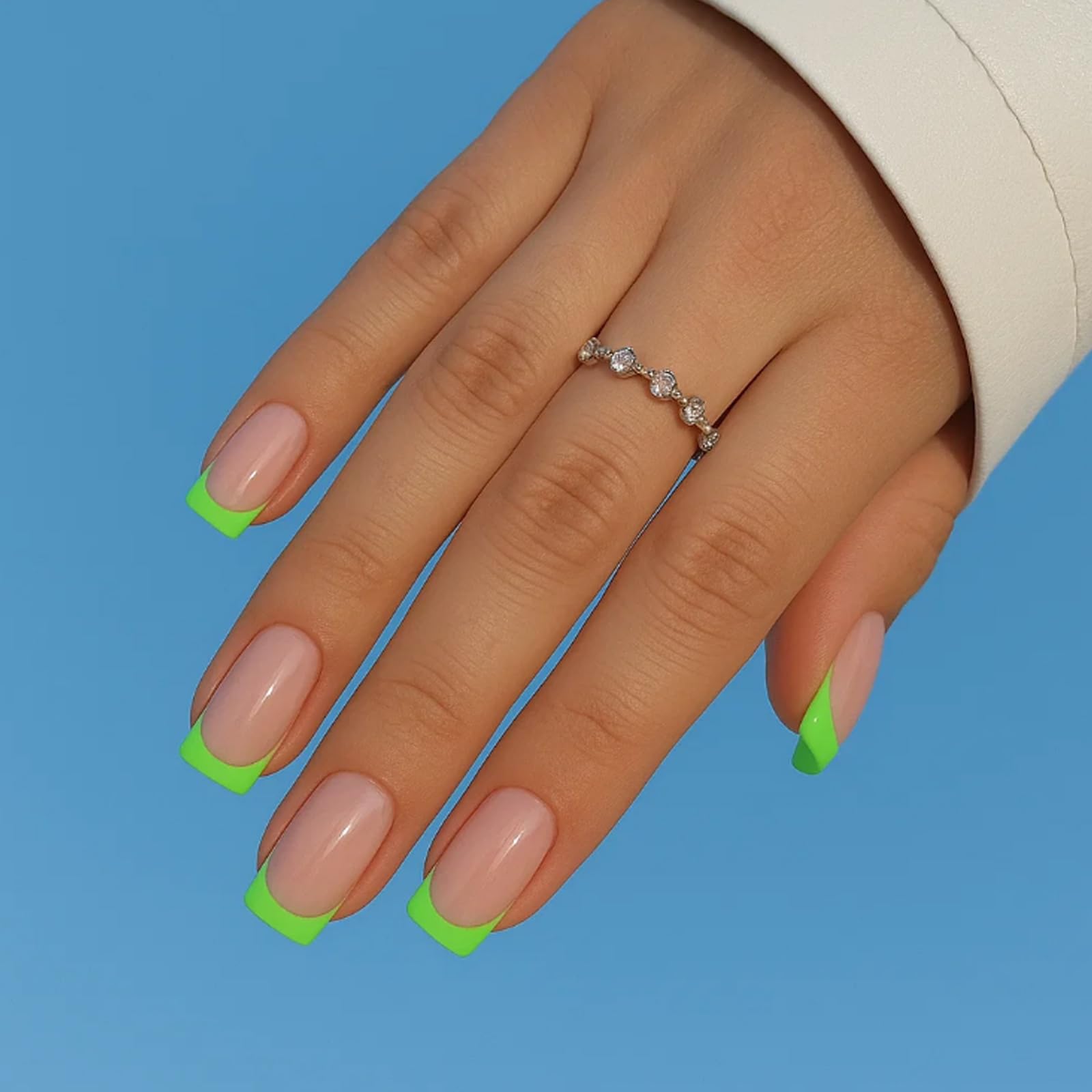 Square Tip Press on Nails with Fluorescent Green Tips & Nude Pink Base, Long Square Glossy False Nails for Women Daily Wear