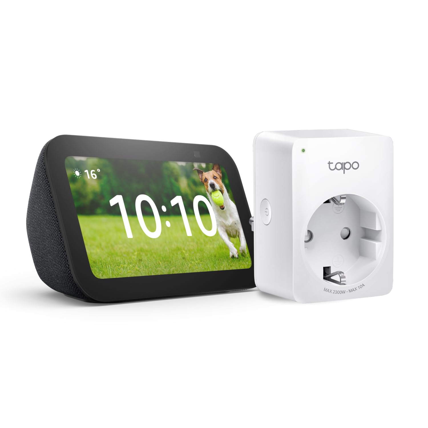 Echo Show 5 (3.ª generación) | Antracita + Tapo P100MA - Matter Mini Enchufe Inteligente, compatible con Alexa - Kit de inicio de Hogar digital