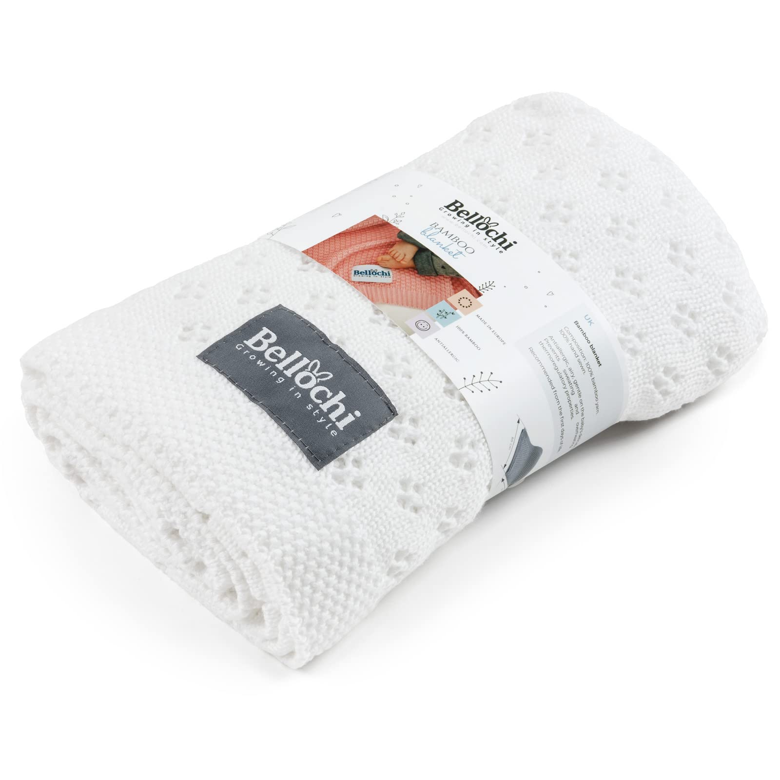 Bellochi Manta de Bambu para Bebe - Acogedor y Calada Mantita para Chica o Chico - Suave Aireado Verano Manta Bebe Recien Nacido - Hecha a Mano - 100x80 cm - Bianchi