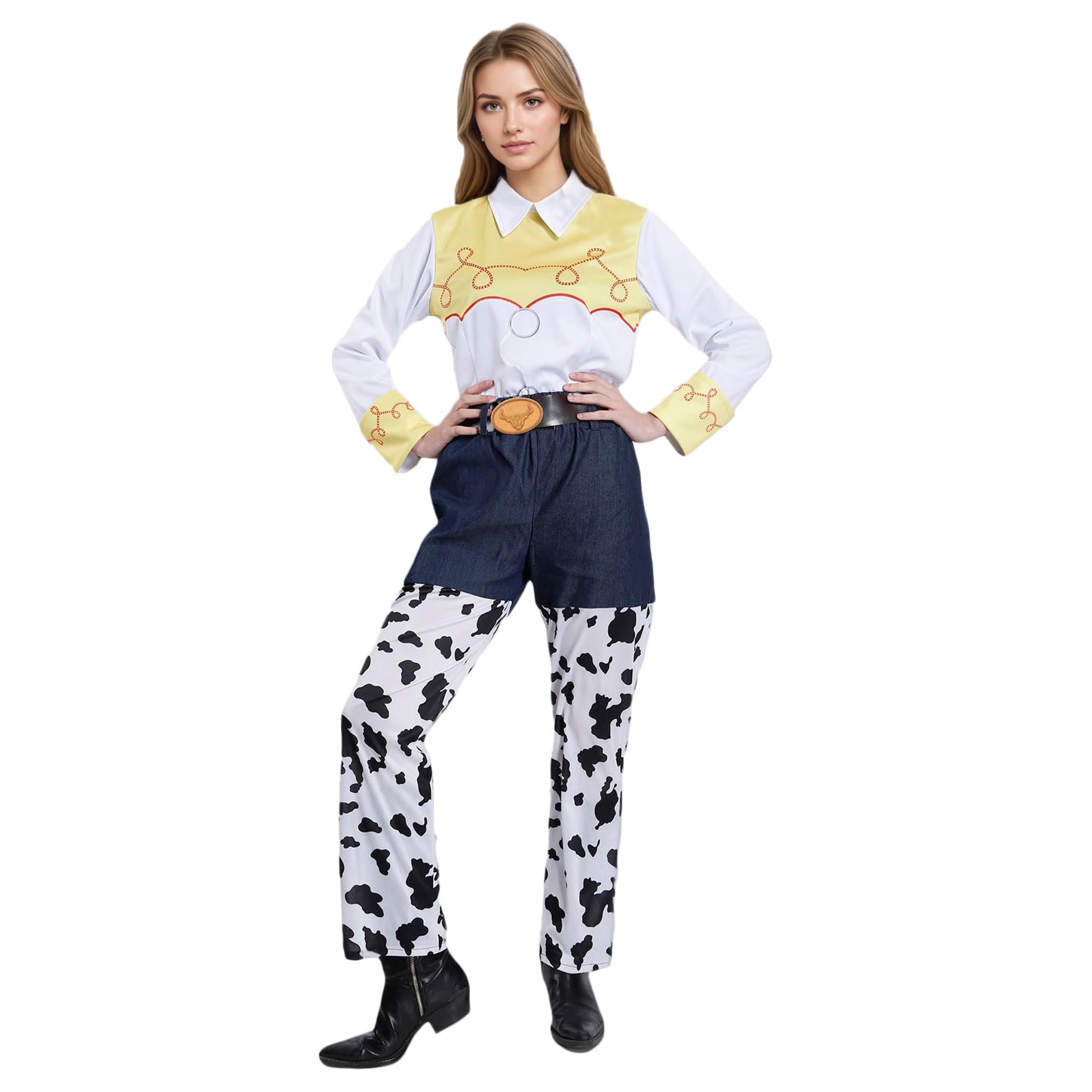 Wildarms Disfraz toy vaquera mujer adulto estilo western con pantalón alto efecto denim y estampado de vaca, camisa manga larga, cosplay rodeo para Halloween, carnaval y fiestas temáticas