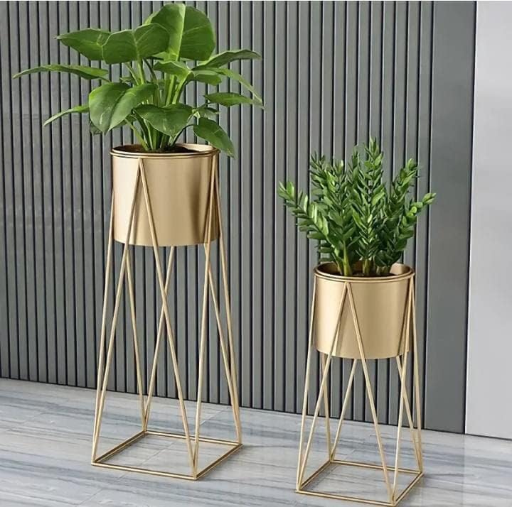 Image of Brass Industry Iron Metal Indoor Out Door Bedroom Home Office Planter Pot Tall Stand with Planter for Living Room, Balcony Flower Pot Stand Set of 2 (Gold)