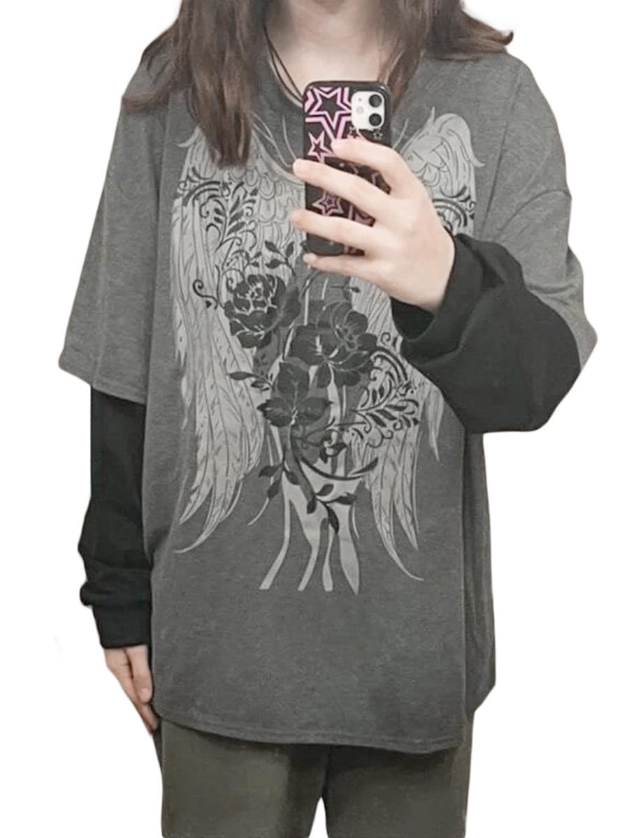 Goth Shirt Gothic Shirt Fake Two-Piece Alternative Clothing Goth Long Sleeve Top Grunge Clothes: Large Grey02