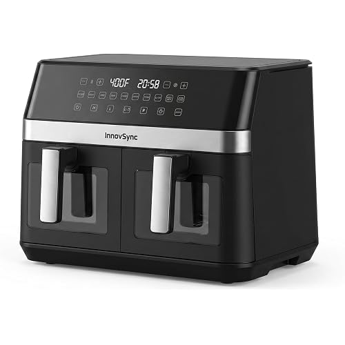 12QT Large Dual Air Fryer, 10-in-1 Double Zone Airfryer with 2×6QT Baskets, 60° Easy-Panel with Full Touchscreen, SyncCook Function, Viewing Window, Nonstick & Dishwasher Safe, 2 Dishes at Once, Black