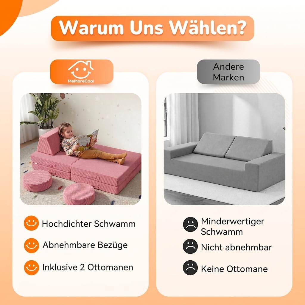MeMoreCool Cord Spielsofa Kinder, Modulare Schaumstoff Couch Rosa | Weiche Schaumstoff Bausteine Couch für Kinder, Ideal als Kuschelecke und Kreativer Indoor-Spielplatz im Kinderzimmer