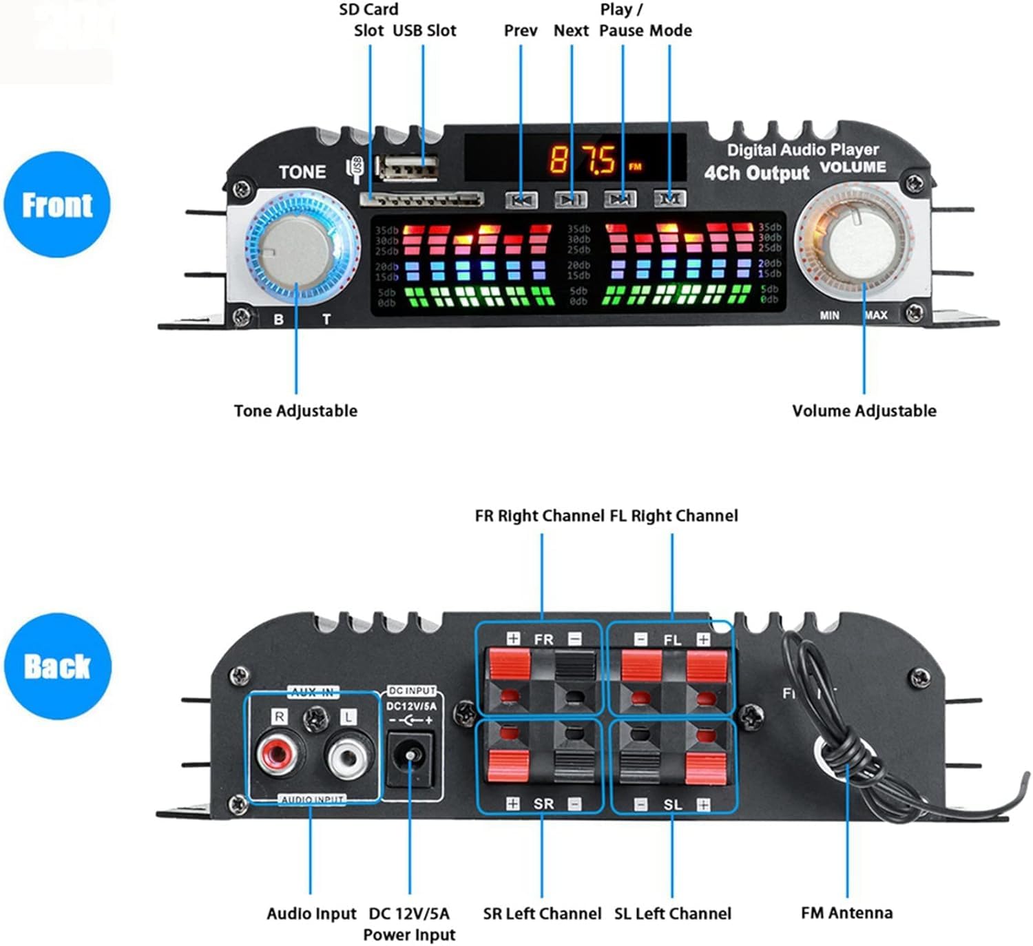 HiFi 4-Kanal Bluetooth Verstärker - 4x40W Digital Audio Verstärker Mit FM Radio & Karaoke