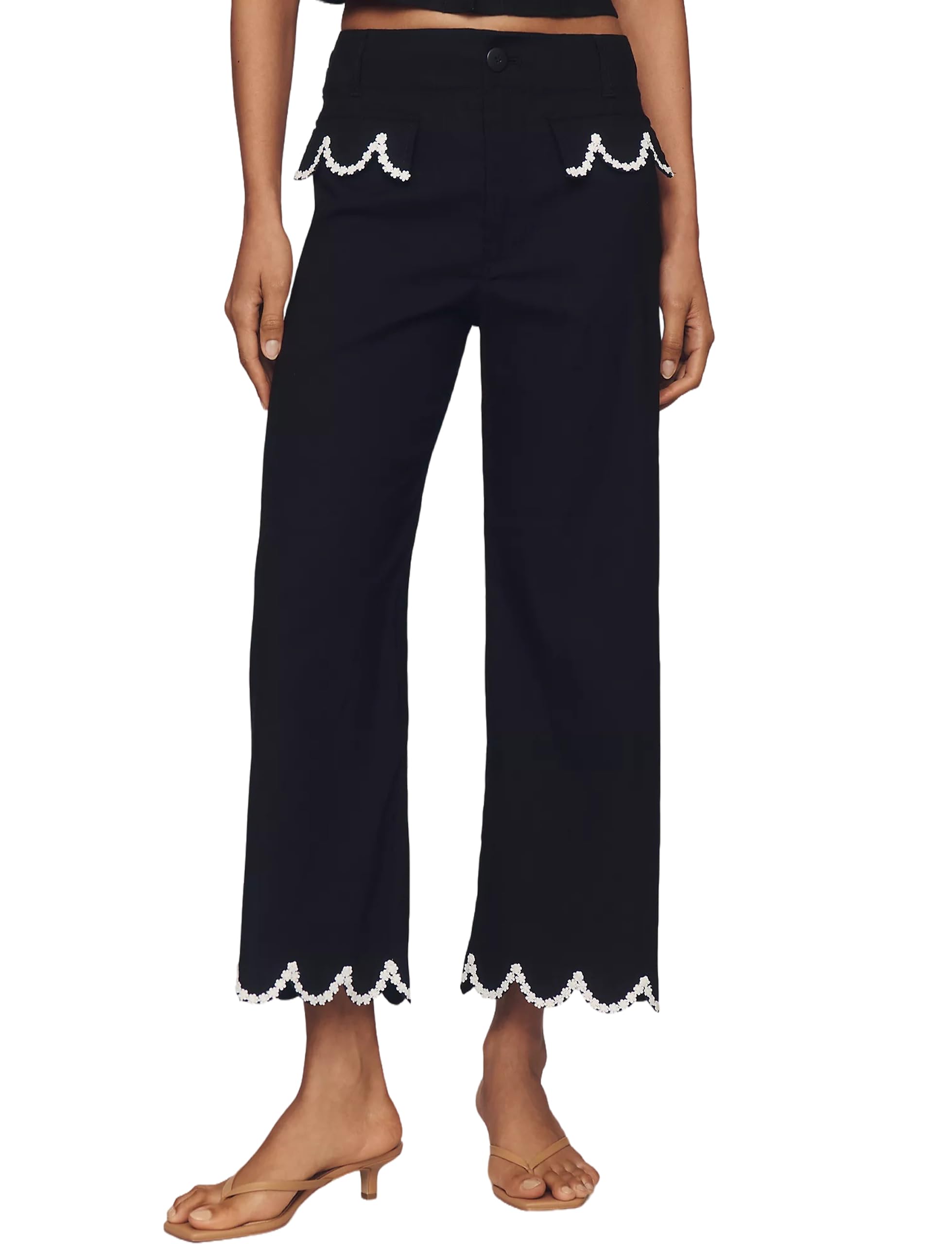 Womens Scalloped Wide Leg Pants Casual High Waisted Button Down Loose Fit Cropped Hem Trousers with Pockets