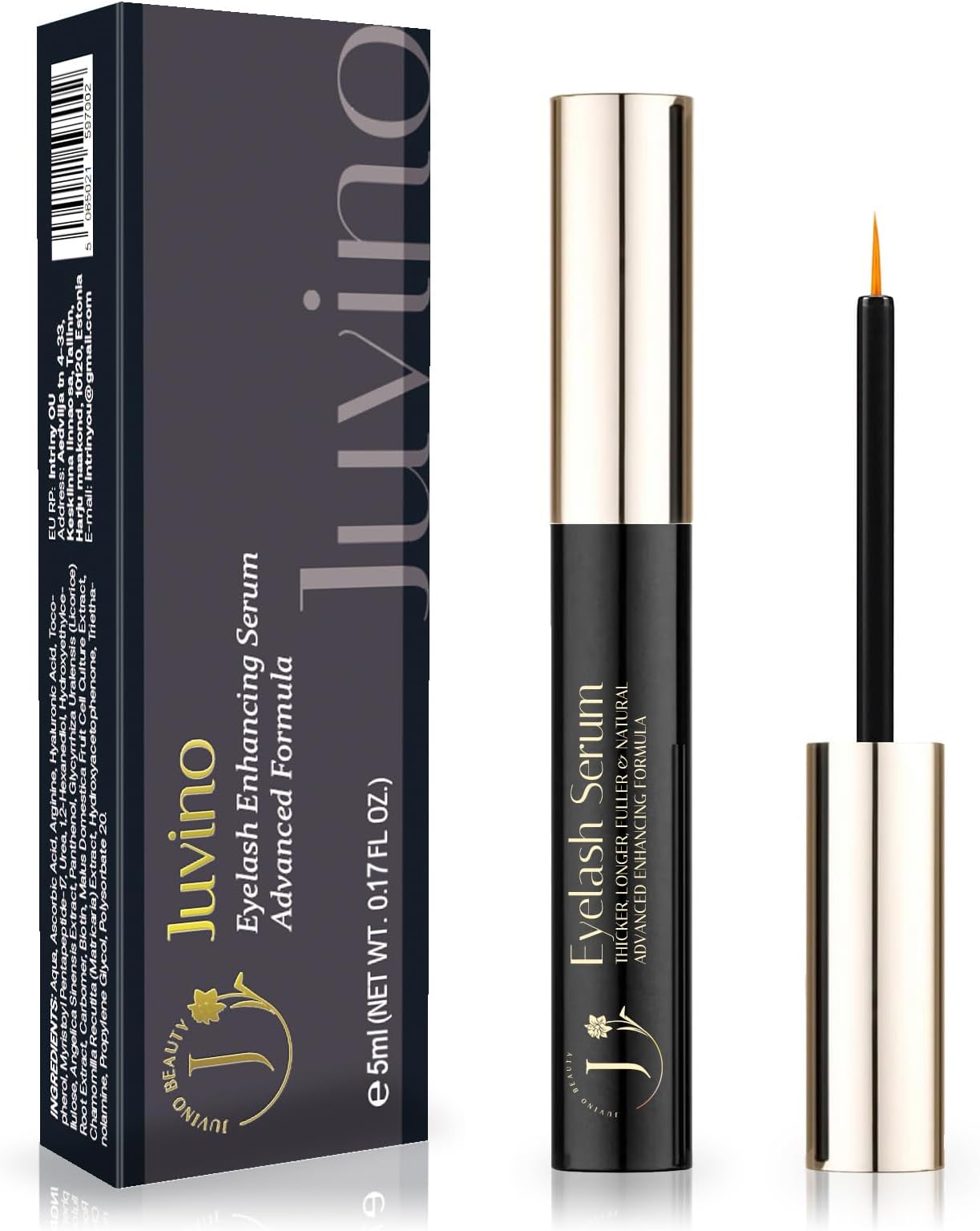 Juvino Eyelash Growth Serum for Lash Enhancing: 3 ml Natural Power Booster Formula – Advanced Enhancer for Thicker, Longer Lashes – Gentle and Vegan (5 ml (Pack of 1), Fresh herbal)