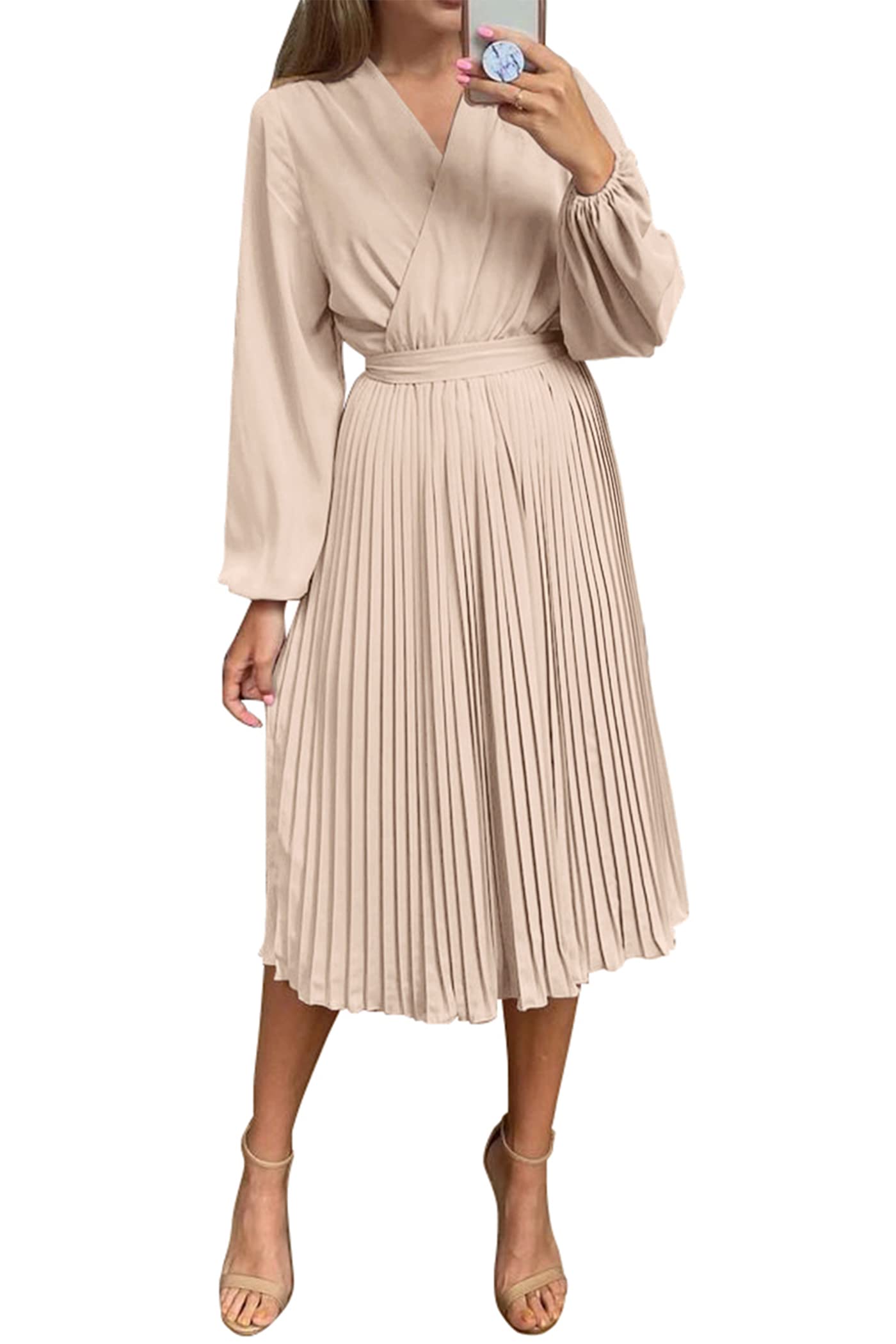 Women's Spring Midi Dress Long Puff Sleeve Wrap V Neck Flowy Ruffle Pleated Casual Fall Dresses