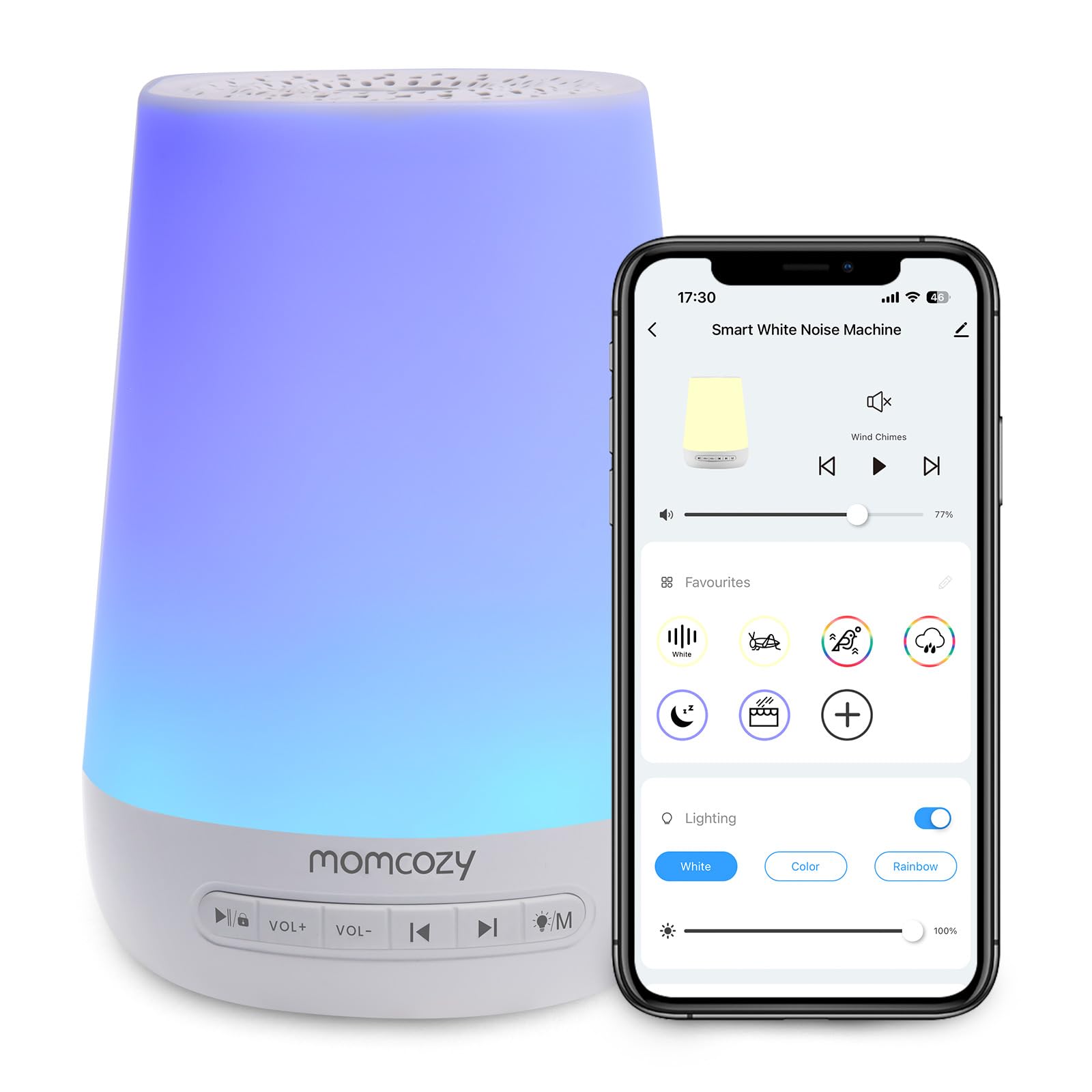 Momcozy Macchina del Rumore Bianco,Macchina del Suono per Bambino Adulto,34 Suoni Lenitivi,White Noise Machine Luce a 7 Colori,Macchina Rumore Bianco Telecomando APP, Funzione di Temporizzazione