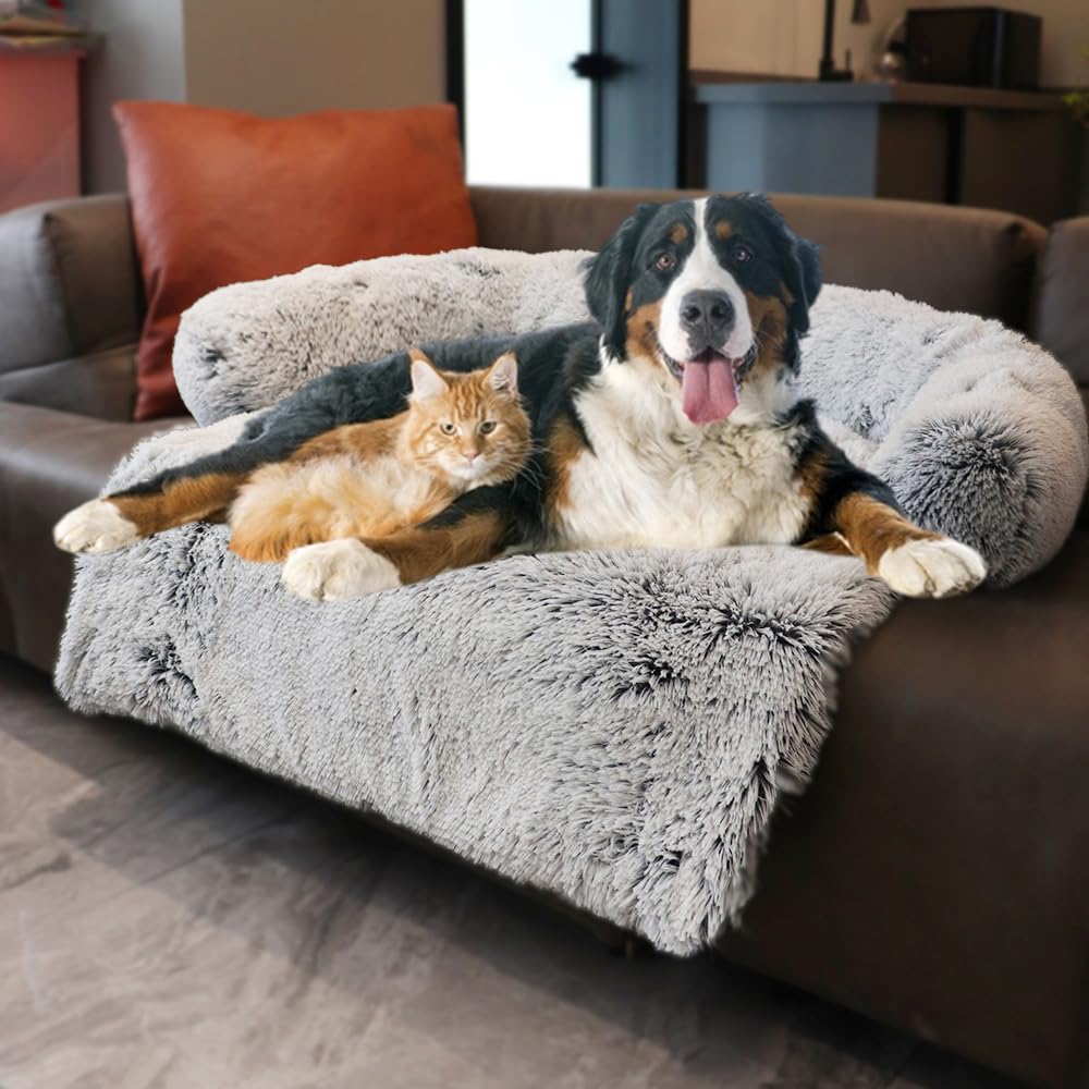 Calming Dogs/Cats Bed Mats, Dog Pad Washable Removable Couch Cover, Plush Long Fur Mat for Pets, Waterproof, Perfect for Small, Medium and Large Dogs and Cats (Gradient Gray, 59"x39"x 5.0")
