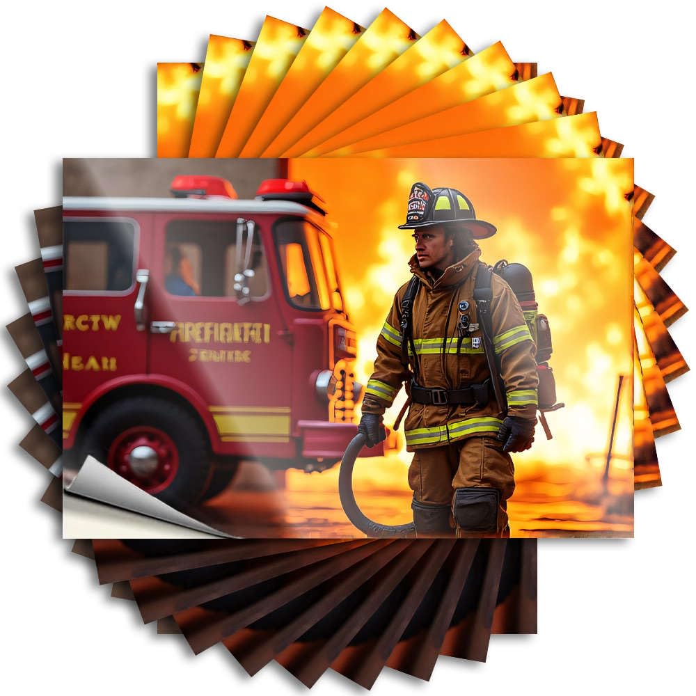 Decal Beer Decor Vinyl Sticker | Firefighter in Action with Fire Truck and Flames. Unique for Halloween Use(8X12CM)