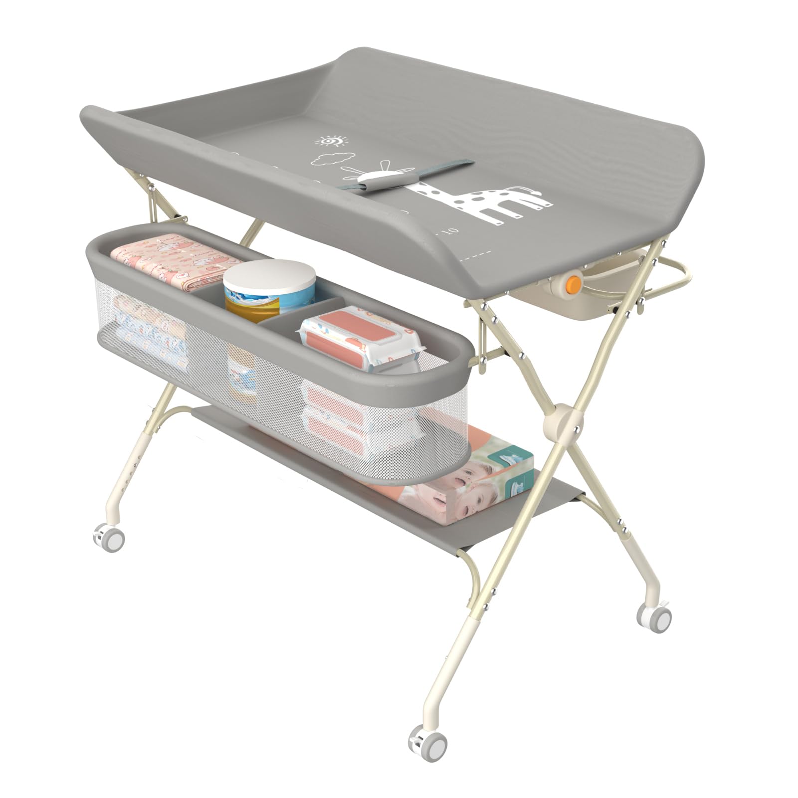 Fasciatoio Neonato 2 in 1, 0-12 Mesi (max 25kg), Fasciatoio con Vaschetta Bagnetto, Chiusura Compatta, （A）75 * 68 * 83-91 cm (Grigio)