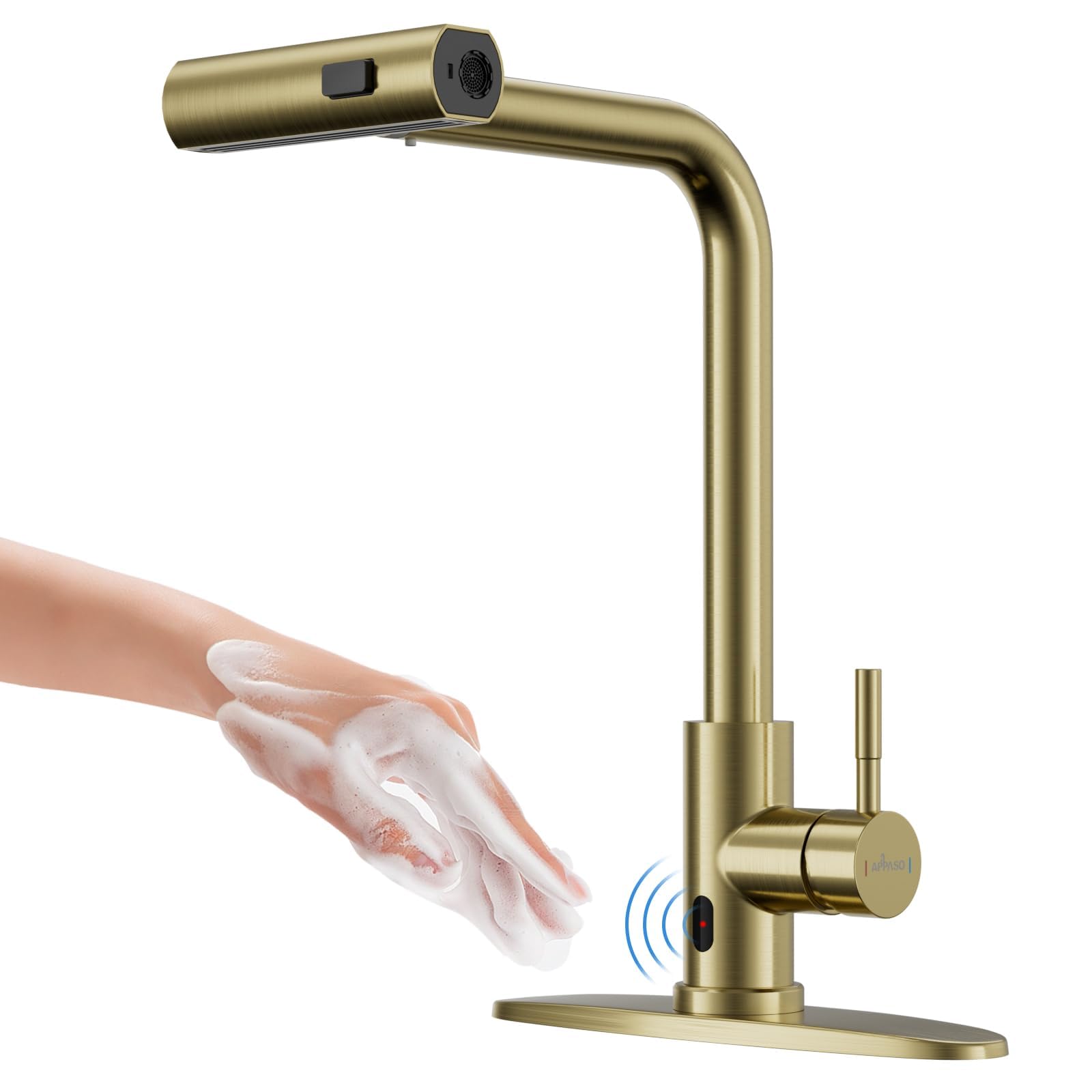 Grifo de cascada para fregadero dorado con sensor manos libres para cocinar sin manchas