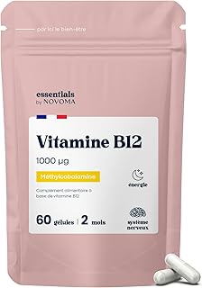 Vitamine B12 1000 µg Vegan, Cure de 2 mois, Réduit la Fatigue & Soutient le Système Nerveux, 60 Gélules Végétales, 100% Méthylcobalamine Pure, Fabriqué en France, Essentials by Novoma