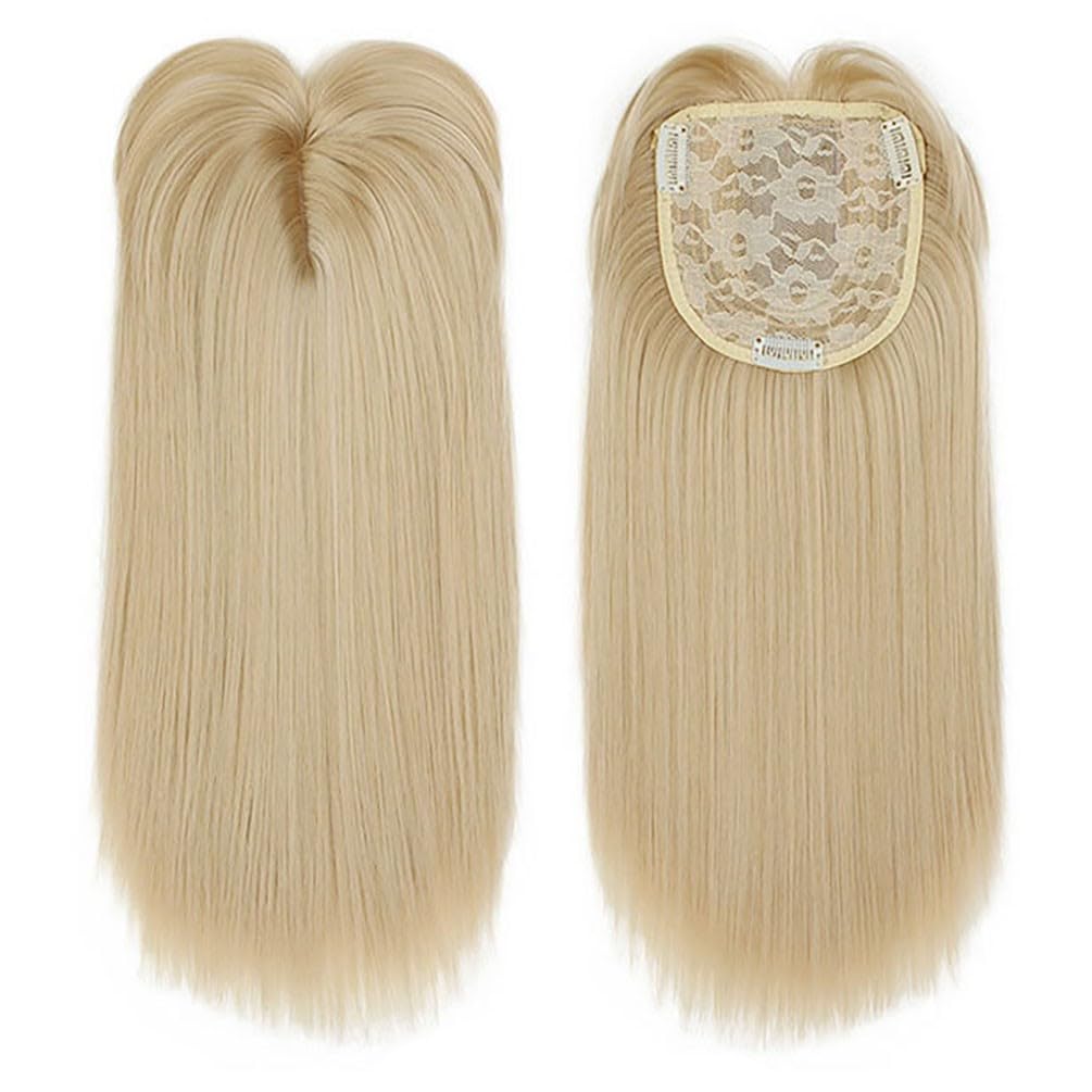 Silk Straight Hair Topper Thick Bangs 16inch Clip in One Piece Invisible Wiglet Head Top Replacement for Women Hair Loss (Blonde) - Image 2