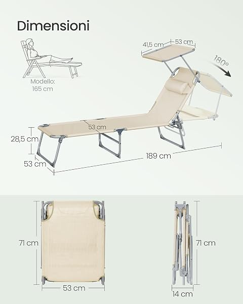 SONGMICS Set da 2 Sedie a Sdraio Pieghevoli, 189 x 53 x 28,5 cm, con Cusicni, Lettini Prendisole, Portata 110 kg Ciascuno, Parasole e Schienale Regolabili, per Terrazza e Balcone, Beige GCB292WZ02 - 3