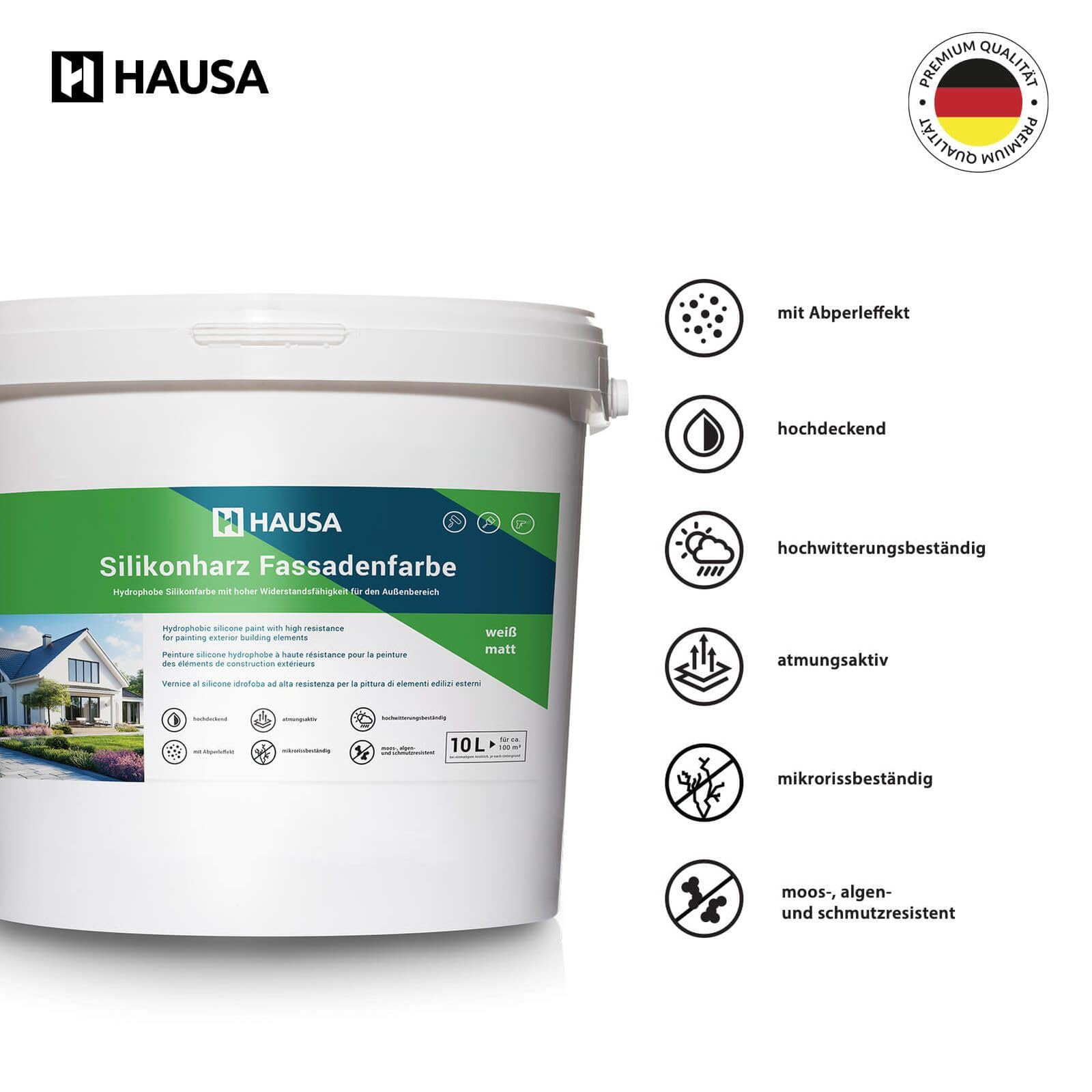 Hausa Silikonharz Fassadenfarbe 10L weiß matt, hochdeckende hydrophobe Außenfarbe mit Abperleffekt für alle Außenputze, Beton, Zement, Mauerwerk, Ziegel, witterungsbeständig atmungsaktiv