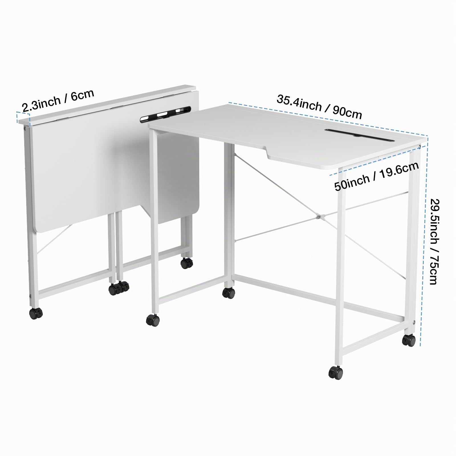 Computertisch Klappbar, Schreibtisch Klappbar mit Rollen, 90x56x76cm Faltbar PC Tisch Bürotisch mit Tablet Steckplatz, Klapptisch Holz für Home Büro (weiß)