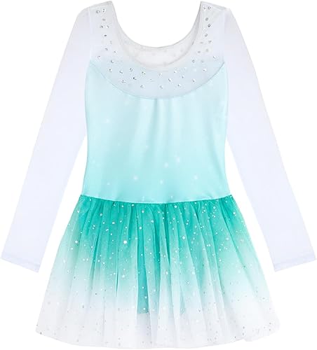 Miniatura 3 de EQSJIU Leotardo de baile de manga larga para niñas, vestido de ballet brillante con copo de nieve, tutú con falda tutú para niñas