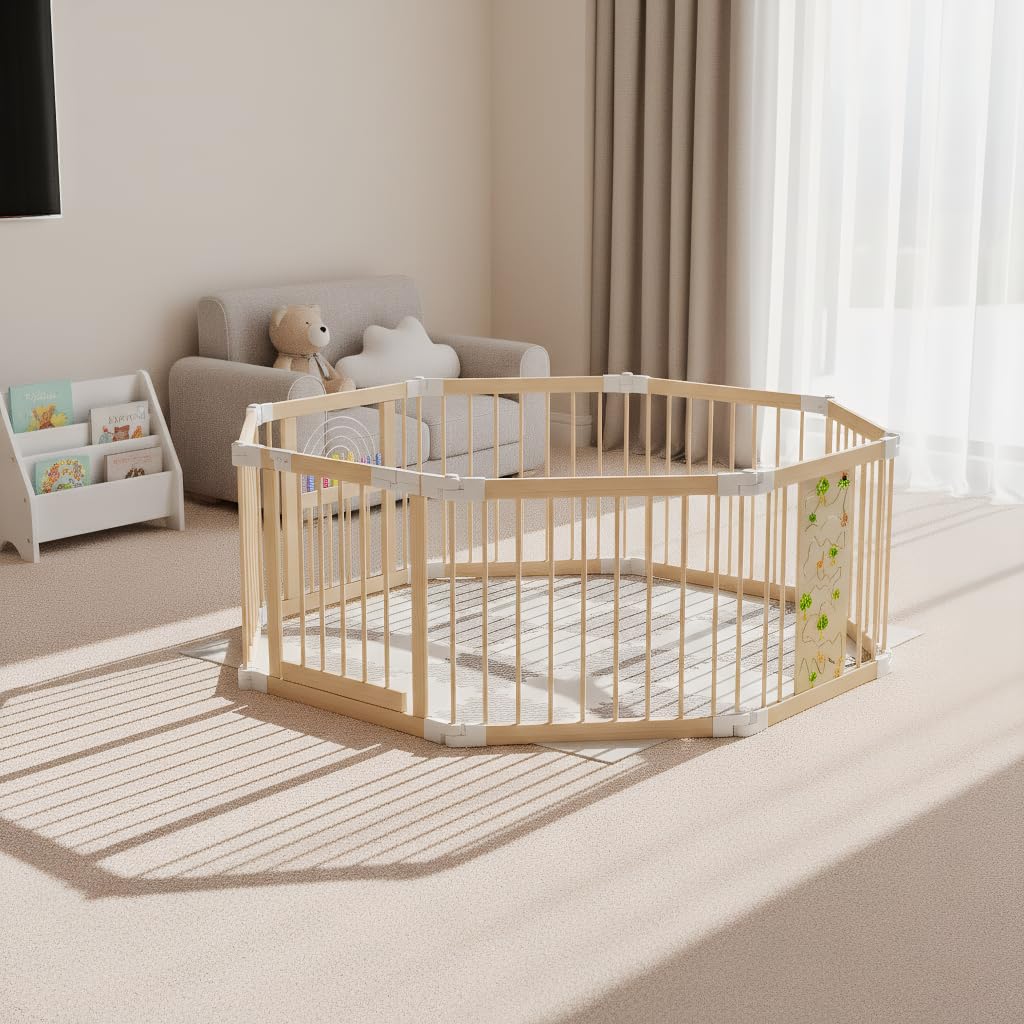 Aufun Parc pour bébé, barrière pliable en bois avec porte, 8 éléments modulables individuellement, barrière de protection, centre d'activités pour tout-petits, tapis de sol inclus