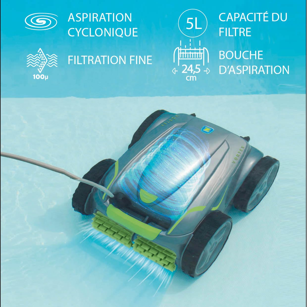 Zodia Vortex GV 5220. Robot Nettoyeur de Fond avec Câble. Piscines jusqu'à 72m²