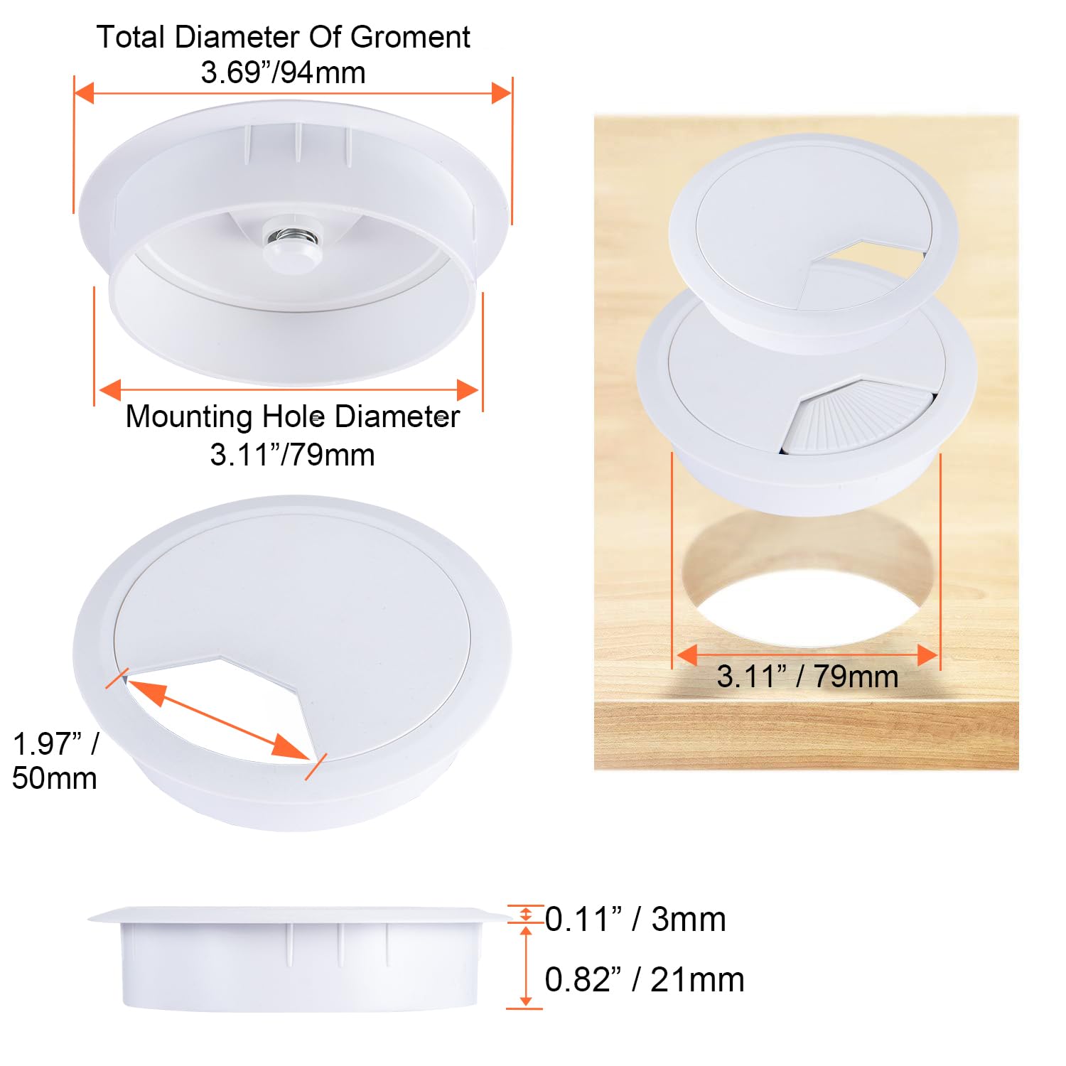 8 Pack 80mm Plastic Desk Cable Grommets, White Wire Organizer Caps, Round PC Computer Port Cable Hole Cover Plug Bushings - Image 2