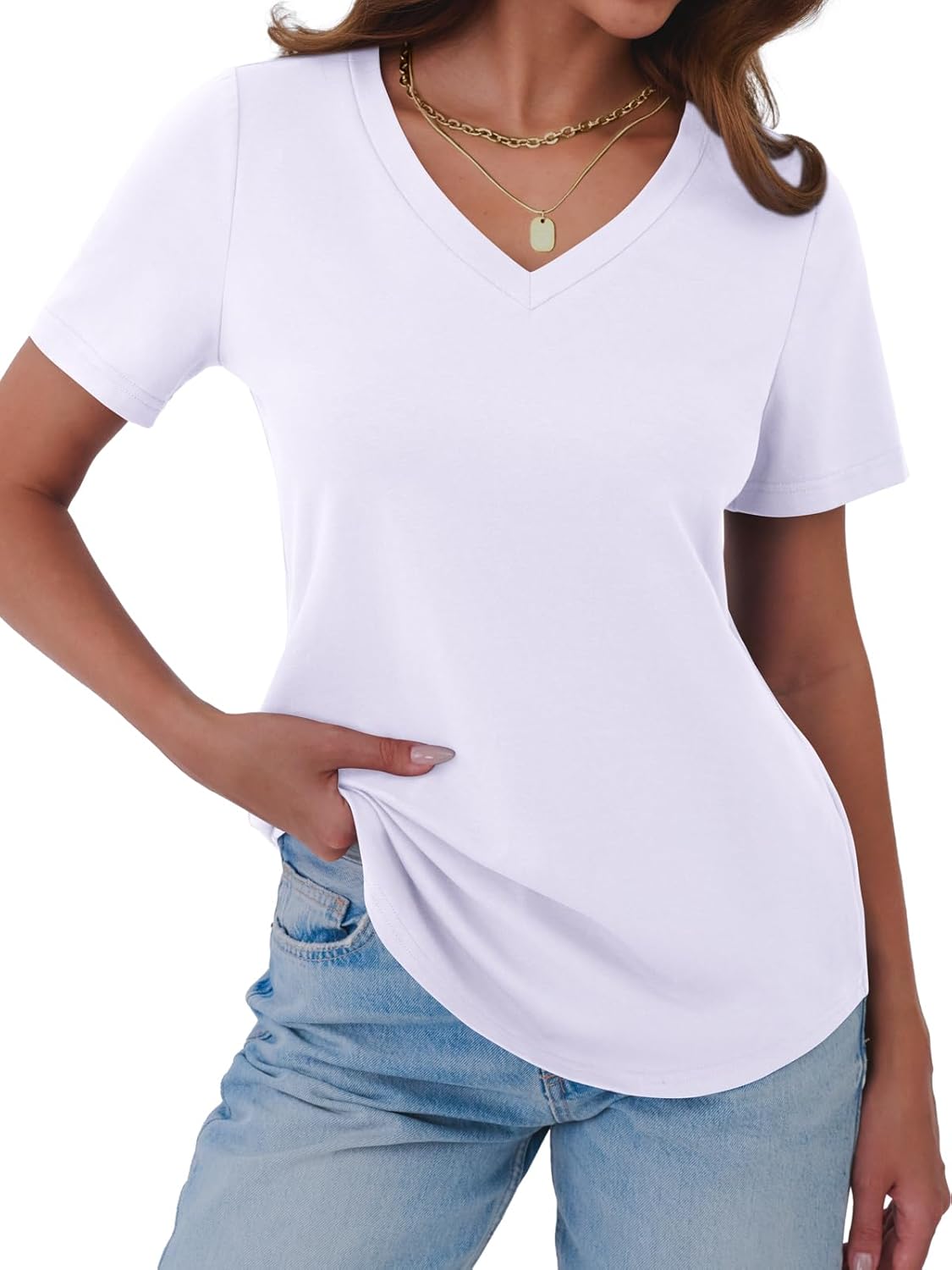 Womens T Shirts V Neck Short Sleeve Cotton Tops Summer Curved Hem Trendy Basic Tee Shirt S-XXL - Image 5