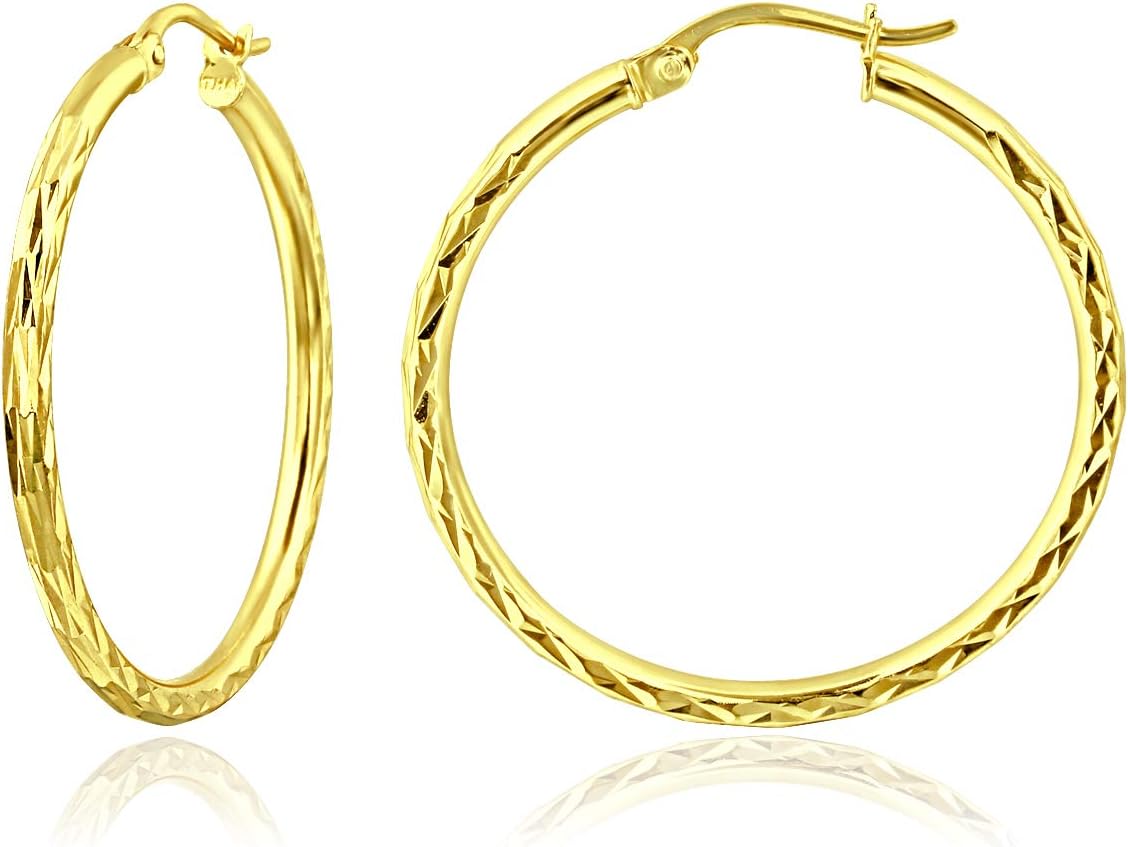 Sterling Silver 2mm Width Diamond-Cut Round Hoop Earrings, 15mm-60mm