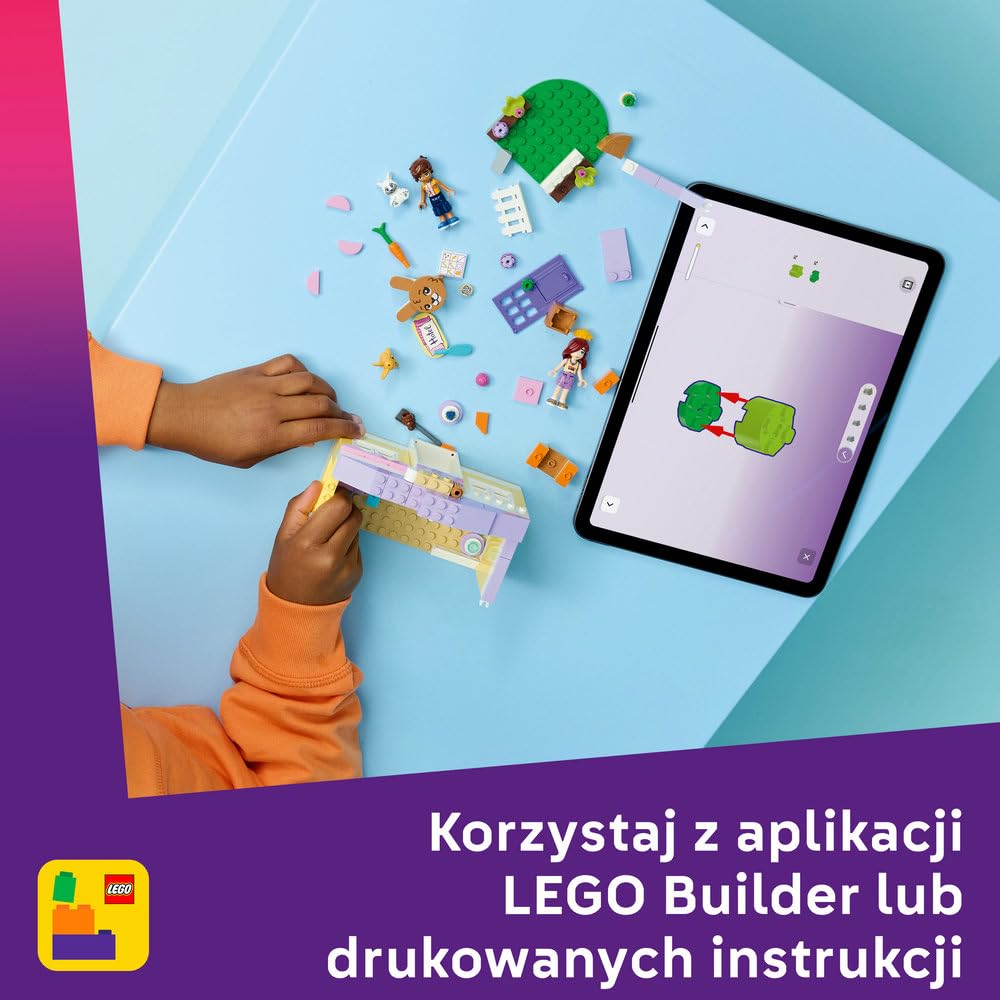 LEGO Friends Hotel dla królików w mieście Heartlake, klocki dla 5-latki, zabawka dla dzieci zawiera 2 minilaleczki, 2 figurki zwierząt i marchewkowe akcesoria, prezent dla dziewczynki i chłopca 42679