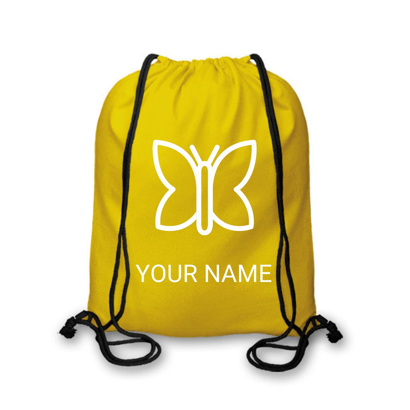 Be Buz Personalised Drawstring Bag Any Name for School PE Kids Adults Unisex Travel, Gym with Six Different Design (6 Colours) (Butterfly, Yellow)