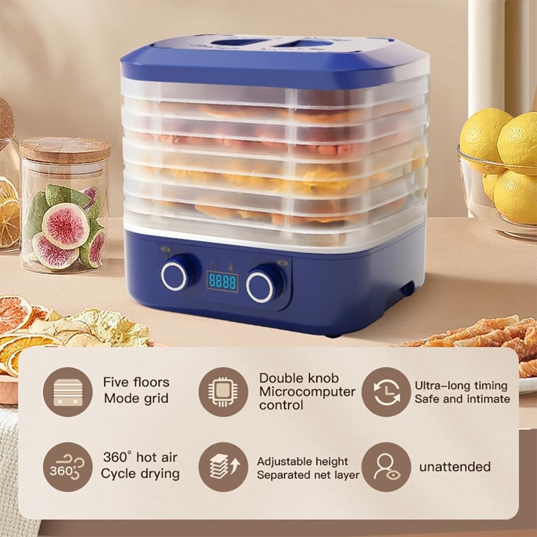 Liofilizzatore Automatico per Alimenti, essiccatore Domestico per Alimenti con Timer Digitale e Controllo della Temperatura, essiccatore Elettrico per Frutta a 5 vassoi per Caramelle(Blue)