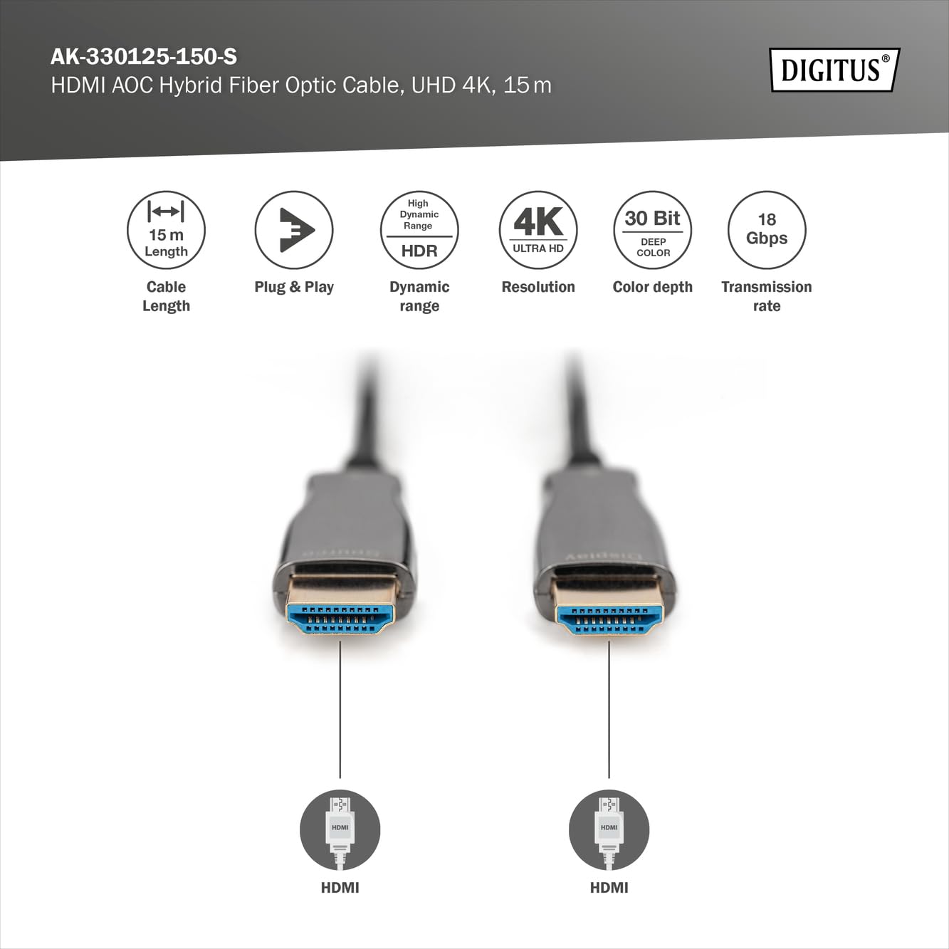 DIGITUS Câble HDMI en Fibre Optique – 15 m – UHD 4k 60 Hz 1080p 120 Hz – HDMI 2.0 – 18 Gbps – Arc, HDR, HDCP 2.2, CEC – Câble Hybride AOC – Contacts plaqués Or – Noir