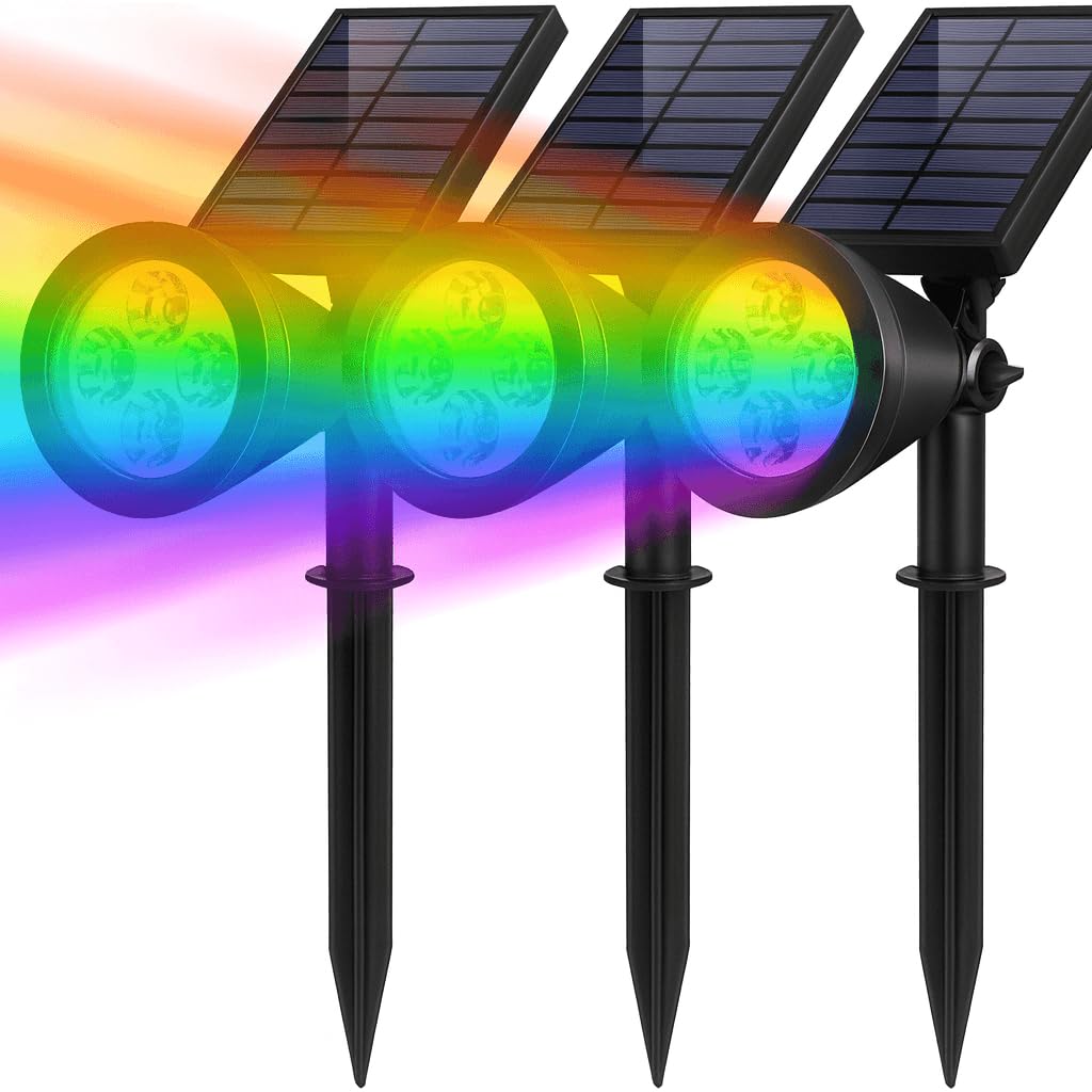 Solar Spot Lights 8 Color Changing, IP44 Waterproof Outdoor Landscape Lights, 2W Solar Powered Garden Lights for Yard, Pathway, Patio, Fence, Sculpt (Pack of 3PCs)-image-37