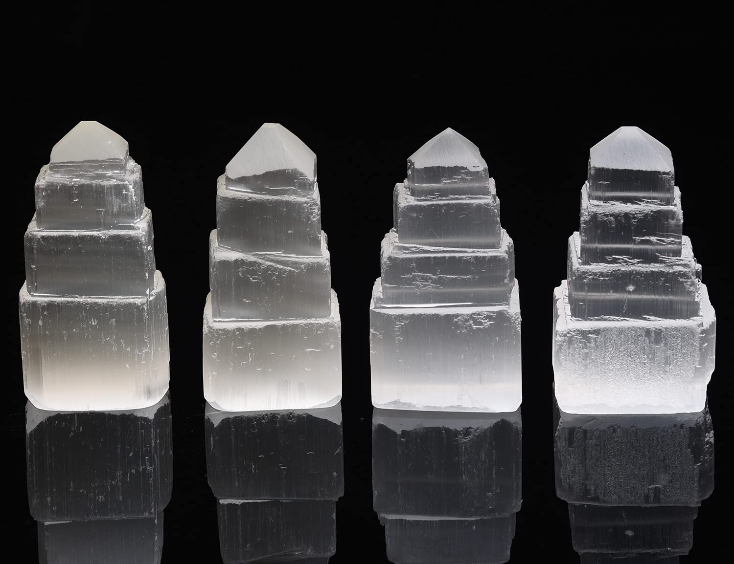 JIC Gem 4pc Selenite Sky Tower,Crystal Selenite Tower 2.4" Height Square Shaped 4 Layers with Pin Point for Healing Reiki Chakra Home Deocr
