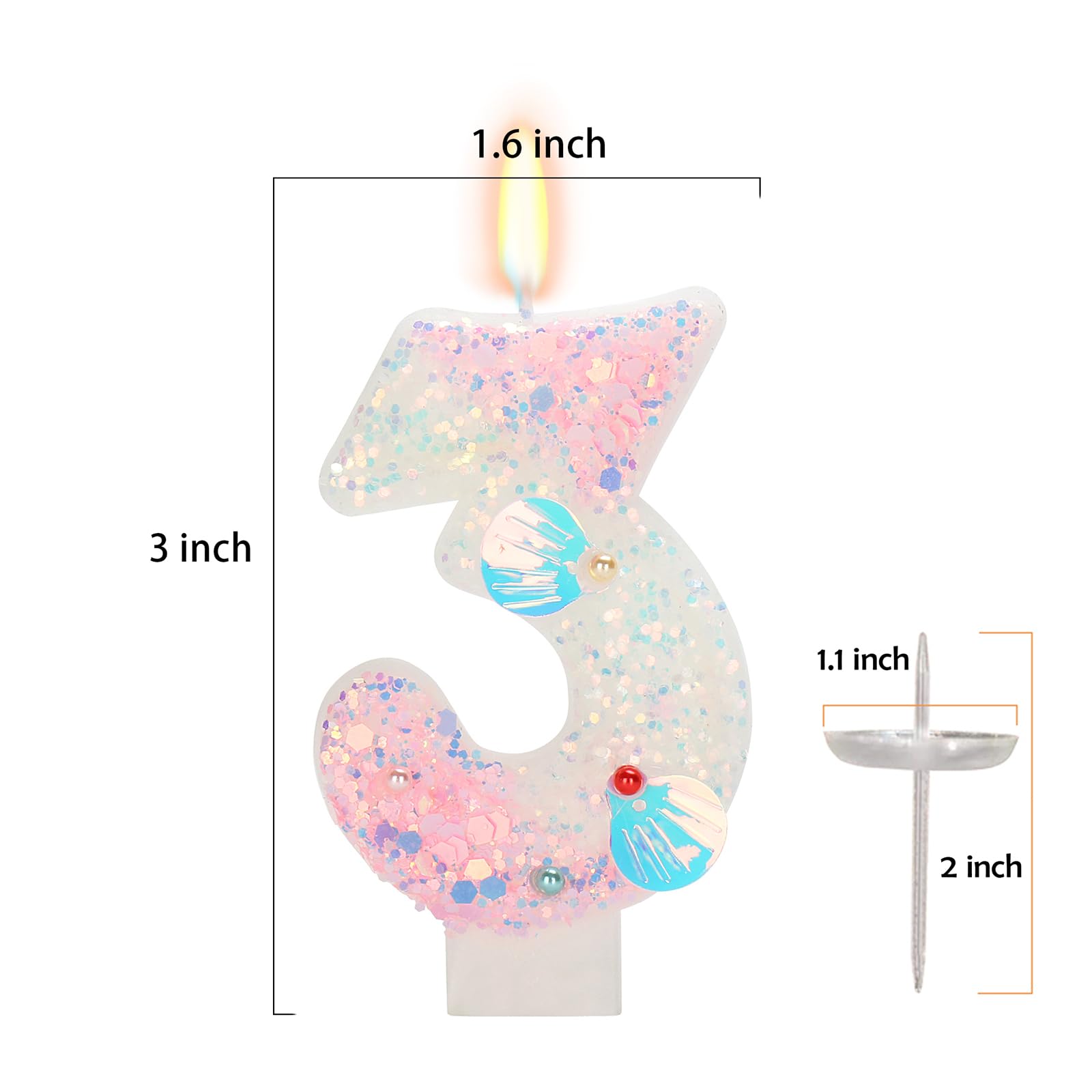 ElekFX Birthday Candle for Cake, Mermaid Vibes Pink 3 Candle, Mermaid Party Supplies Starfish Shell Glitter Decor 2.76 inch Candle, Cake Topper Decoration for Birthday Party (Number 3)
