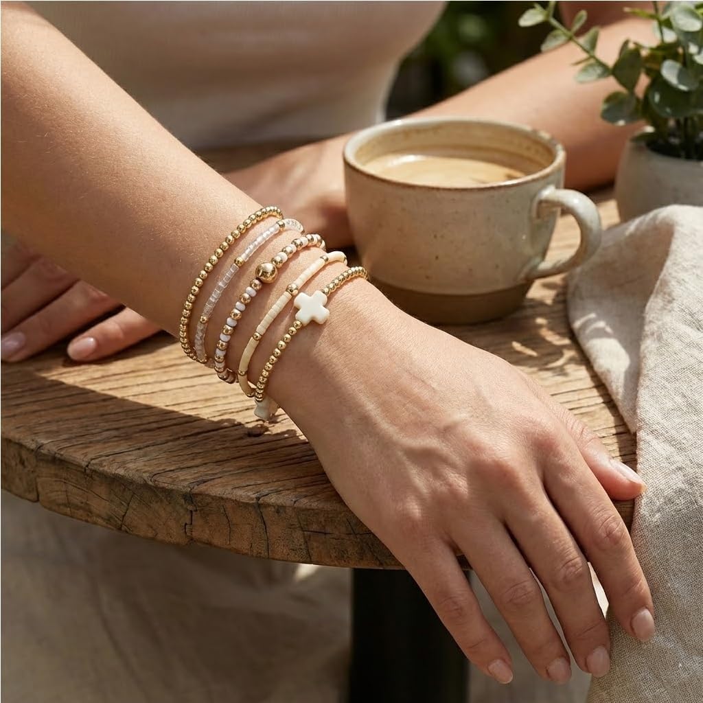 Gold Beaded Cross Bracelet for Women, 14K Plated Adjustable Stackable Dainty Bracelets, Non Tarnish Fashion Jewelry Set Gifts for Women Birthday Friendship - Image 8