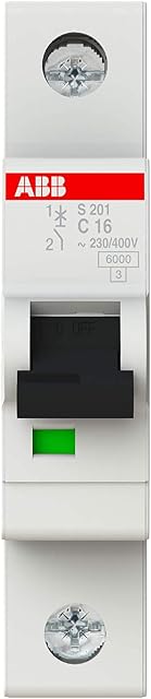 ABB S201-C16 Miniature Circuit Breaker, 1 Pole, Type C, 6/10kA Breaking Capacity, 16 Amp Current (2CDS251001R0164)