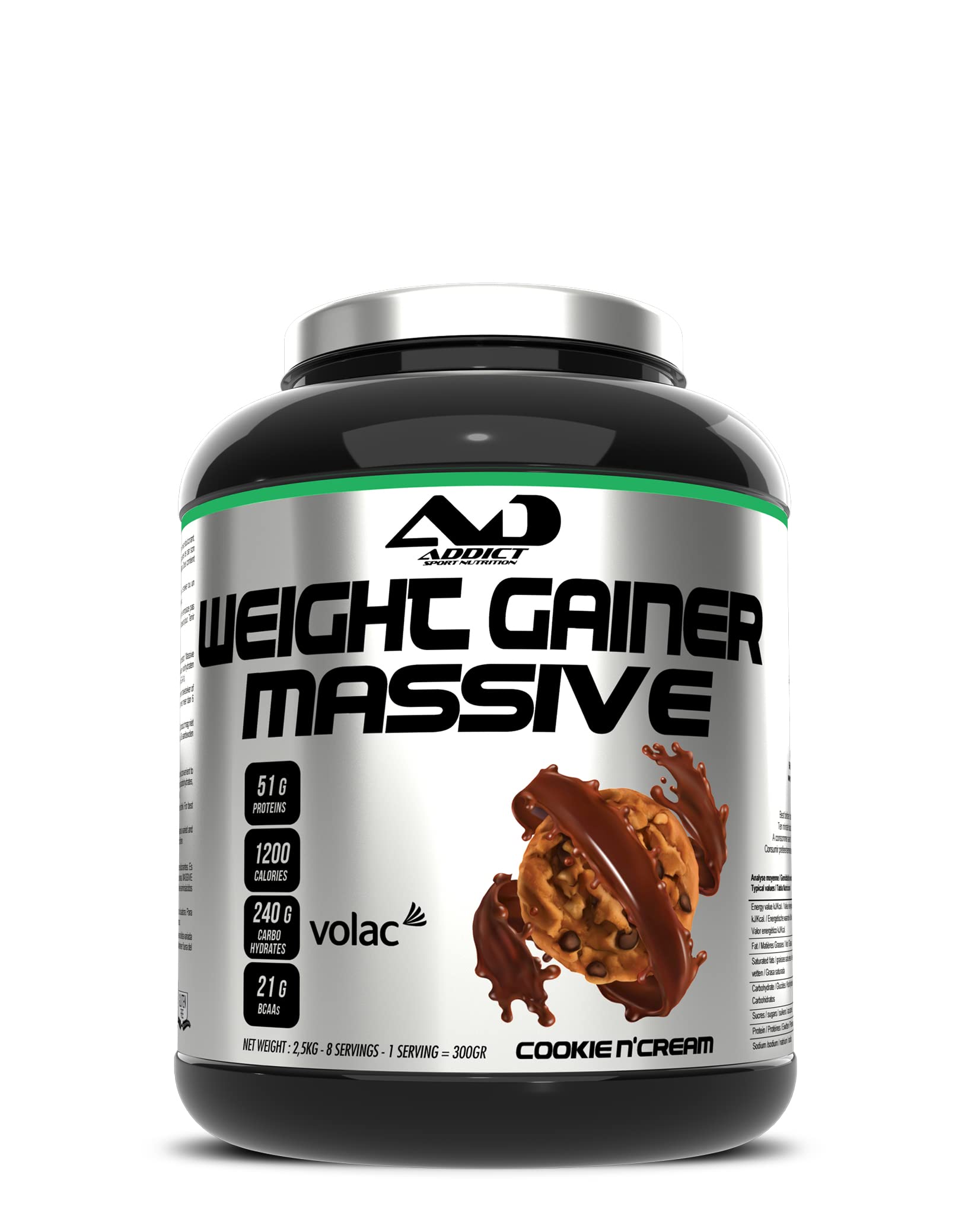 Addict sport nutrition - Weight gainer massive - Prise de masse musculaire avec protéine concentrée - Ultra calorique 1200 kcal par dose - 51g de protéine et 21g de BCAA - 2,5 kg - Goût cookie