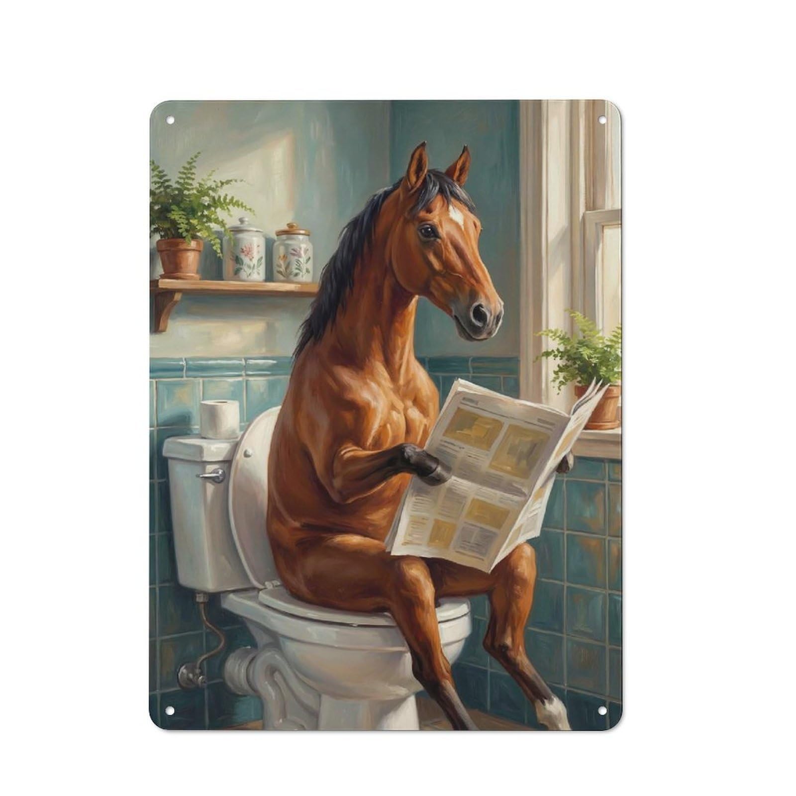 Horse Reading Newspaper on Toilet Cottage Style Metal Wall Decor 40x30cm, Farmhouse Metal Sign for Kitchen, Cottage, Porch Or Garden Room
